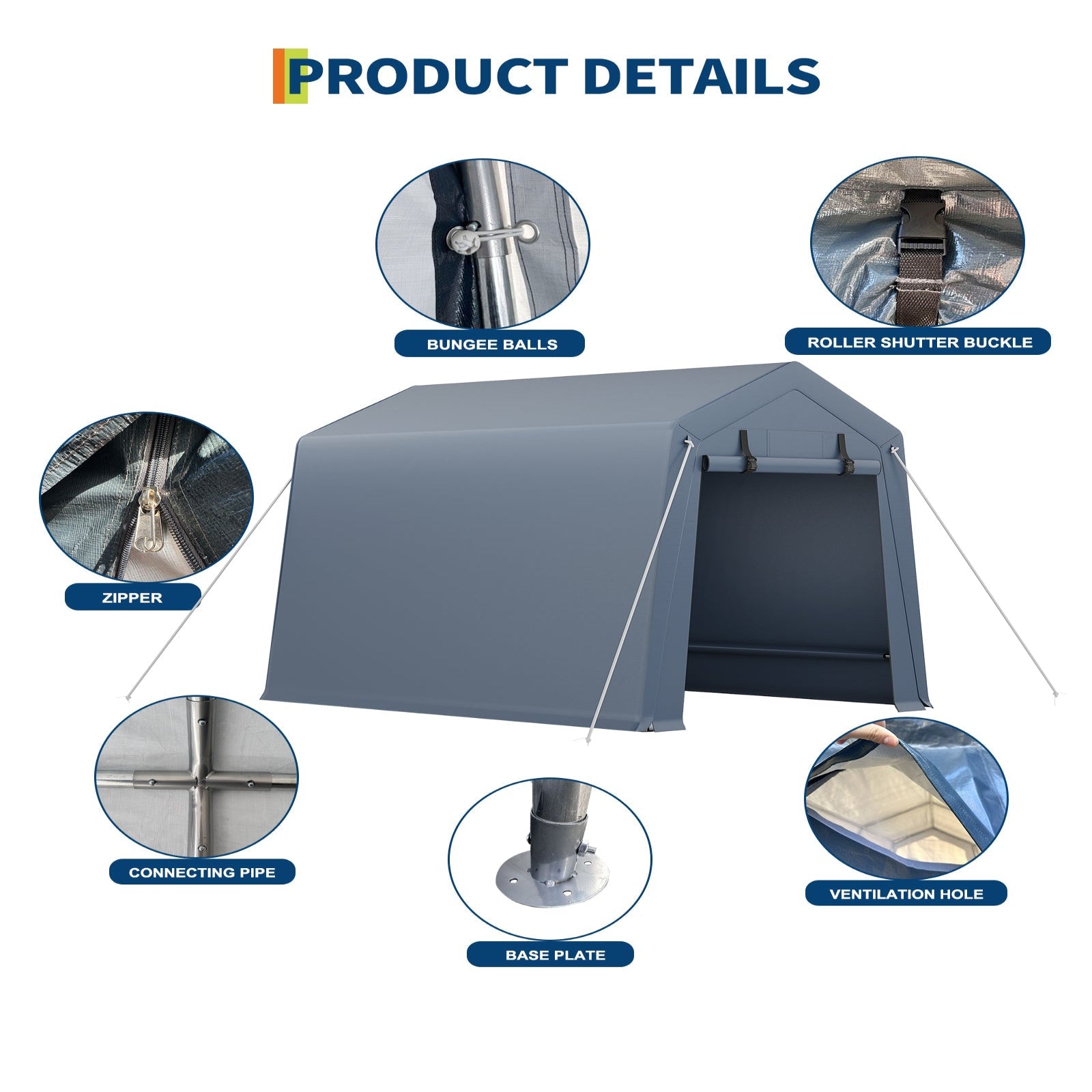 Garvee 6x8 Ft Portable Outdoor Carport Storage Shelter with Roll Up Zipper Doors, Heavy Duty/Waterproof/Anti-UV Garage Tent for Motorcycle Bike Garden Tools, Grey