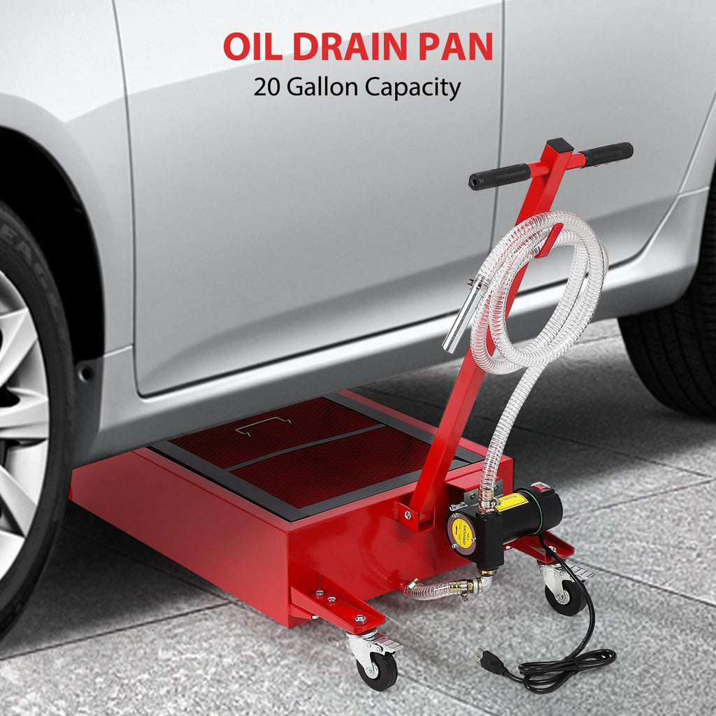 Garvee 20 Gallon Electric Oil Drain Pan with 110V Pump & 8 Ft Hose, Low Profile & T Folding Handle Oil Drain Cart for Truck Cars SUVs