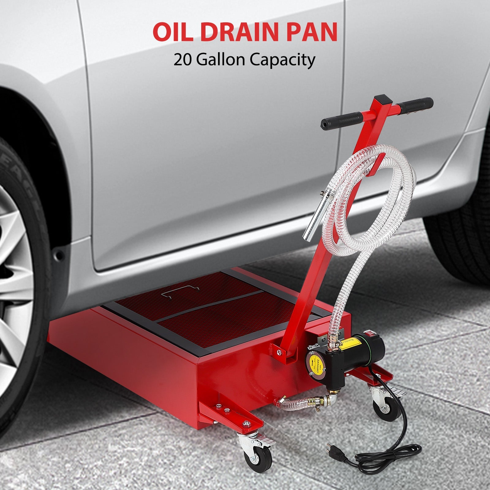Garvee 20 Gallon Electric Oil Drain Pan with 110V Pump & 8 Ft Hose, Low Profile & T Folding Handle Oil Drain Cart for Truck Cars SUVs