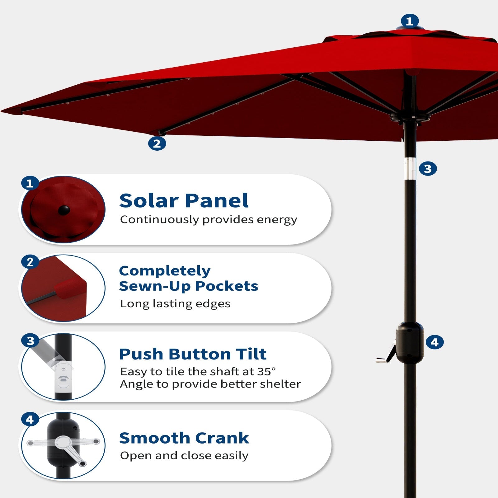 Garvee 9FT Solar LED Patio Umbrella with 32 Lights, Tilt & Crank Outdoor Market Umbrella, UV & Water Resistant, 8 Ribs Sunshade for Garden, Deck, Pool & Table , Red
