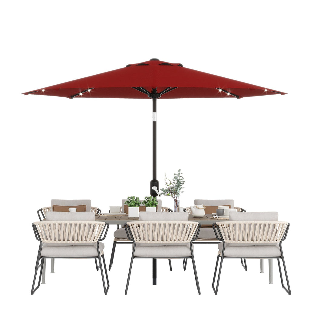 Garvee 9FT Solar LED Patio Umbrella with 32 Lights, Tilt & Crank Outdoor Market Umbrella, UV & Water Resistant, 8 Ribs Sunshade for Garden, Deck, Pool & Table , Red