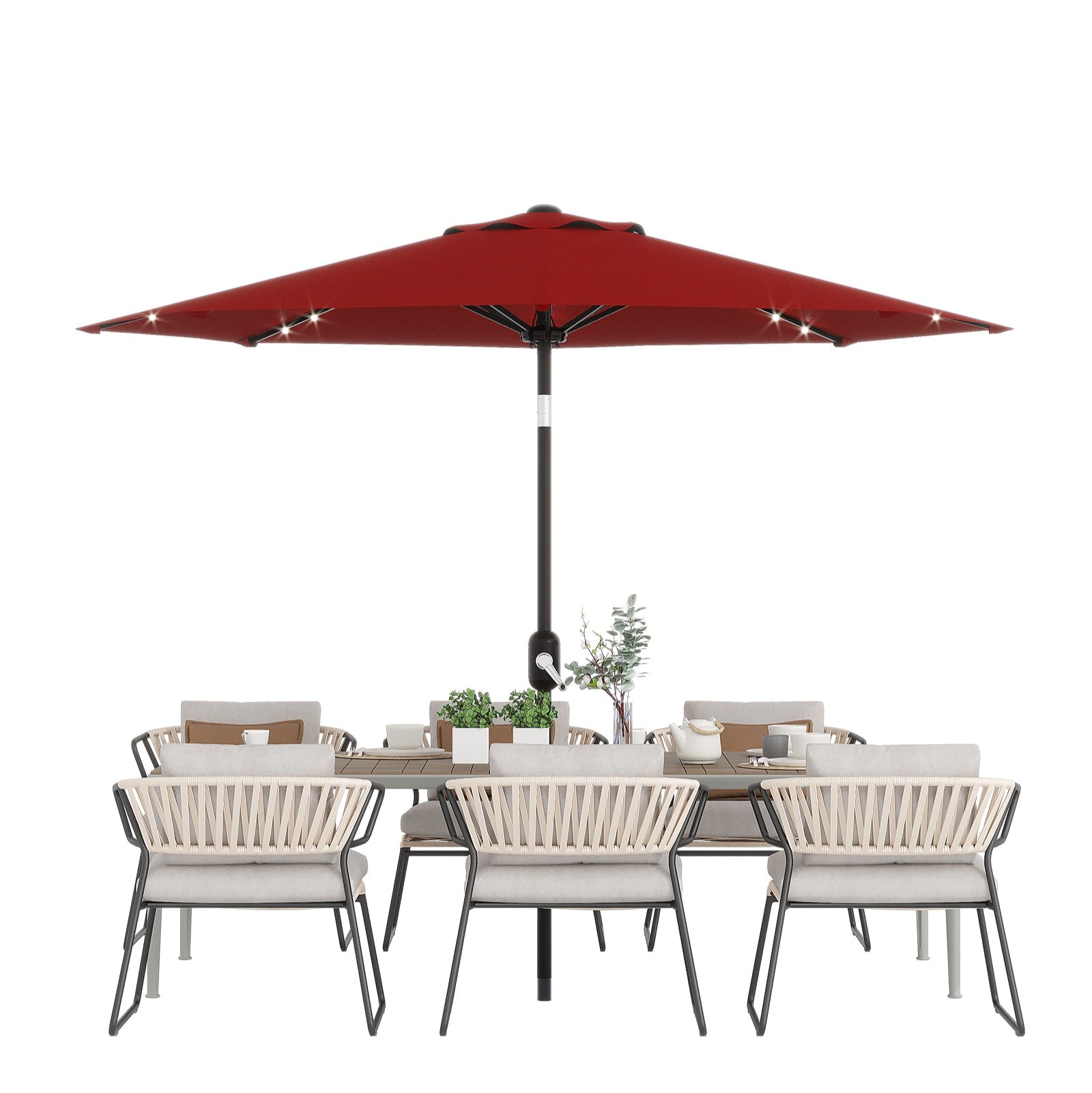 Garvee 9FT Solar LED Patio Umbrella with 32 Lights, Tilt & Crank Outdoor Market Umbrella, UV & Water Resistant, 8 Ribs Sunshade for Garden, Deck, Pool & Table , Red