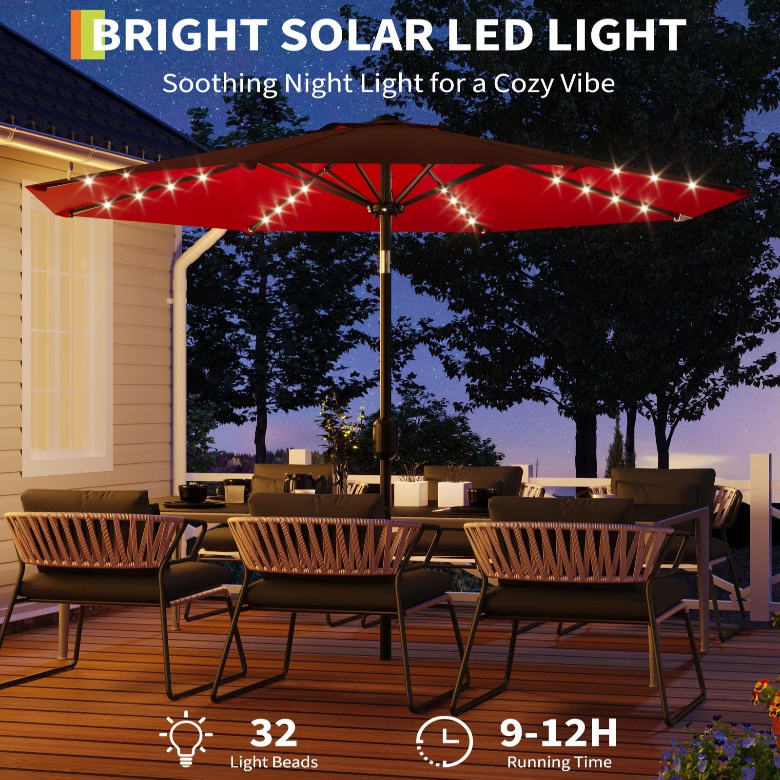 Garvee 9FT Solar LED Patio Umbrella with 32 Lights, Tilt & Crank Outdoor Market Umbrella, UV & Water Resistant, 8 Ribs Sunshade for Garden, Deck, Pool & Table , Red