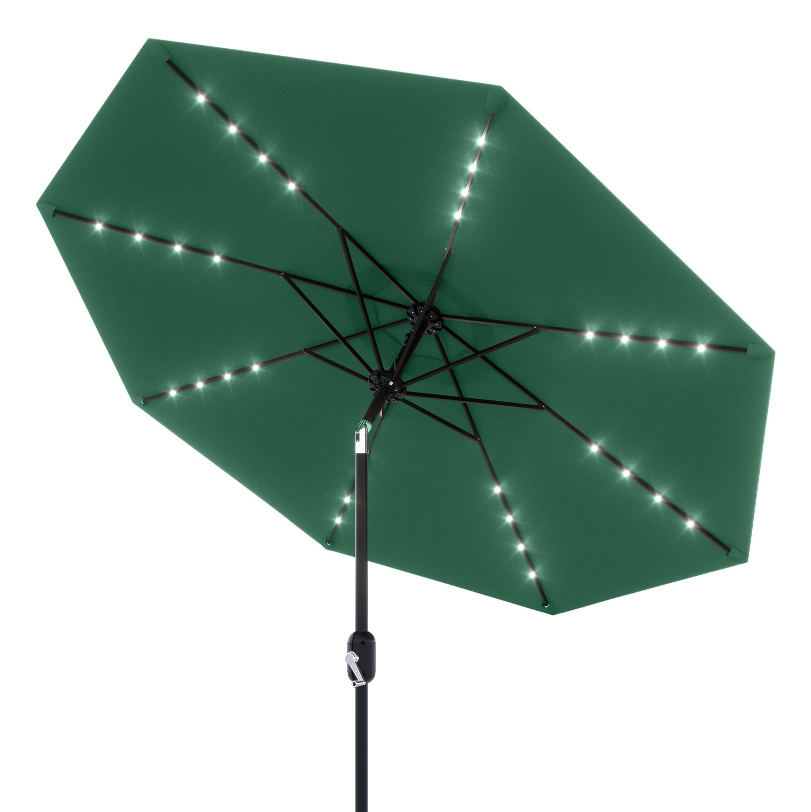Garvee 9FT Solar LED Patio Umbrella with 32 Lights, Tilt & Crank Outdoor Market Umbrella, UV & Water Resistant, 8 Ribs Sunshade for Garden, Deck, Pool & Table, Dark Green