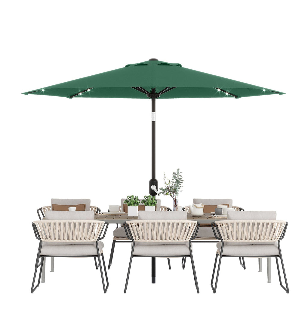 Garvee 9FT Solar LED Patio Umbrella with 32 Lights, Tilt & Crank Outdoor Market Umbrella, UV & Water Resistant, 8 Ribs Sunshade for Garden, Deck, Pool & Table, Dark Green