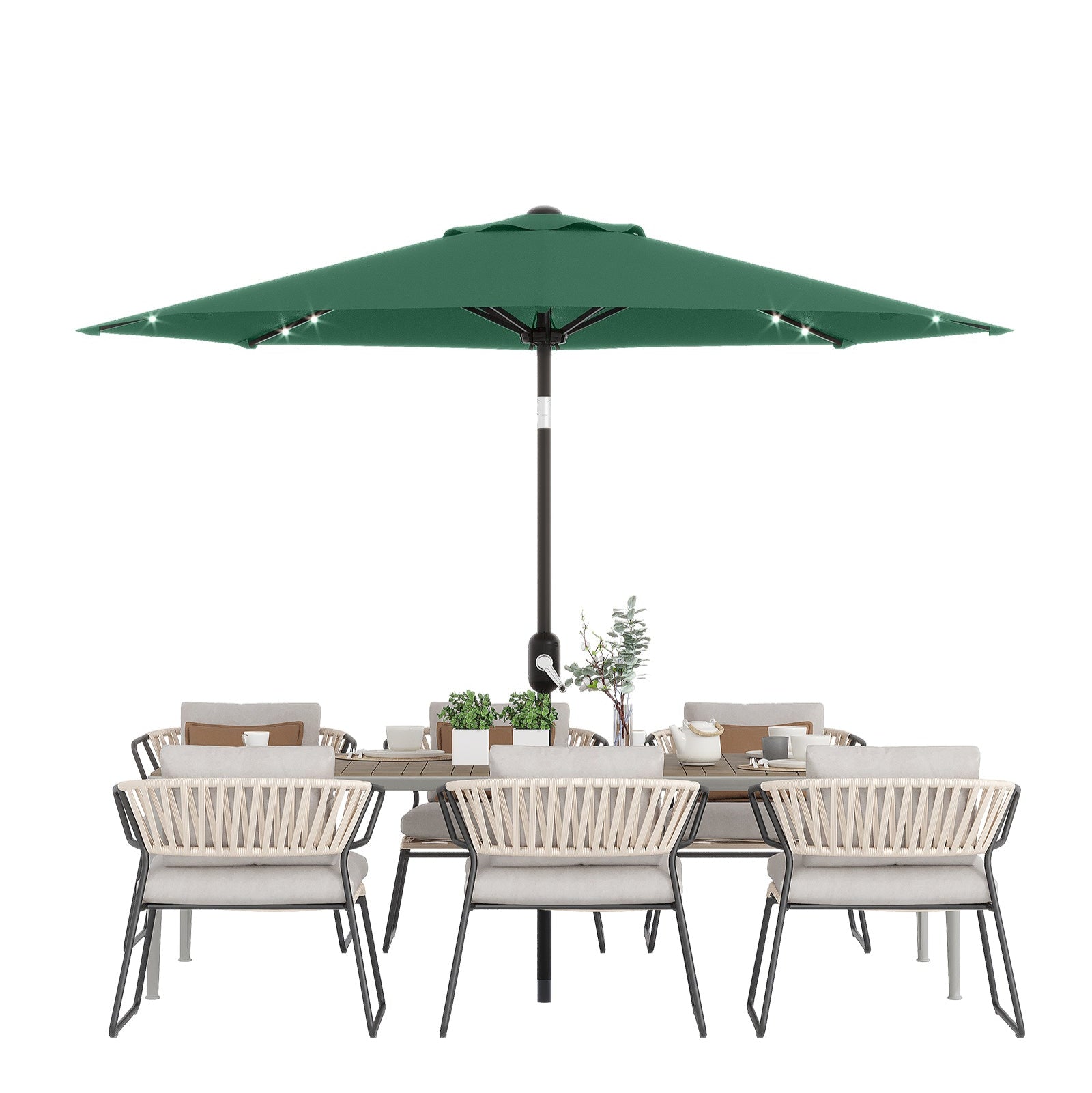 Garvee 9FT Solar LED Patio Umbrella with 32 Lights, Tilt & Crank Outdoor Market Umbrella, UV & Water Resistant, 8 Ribs Sunshade for Garden, Deck, Pool & Table, Dark Green