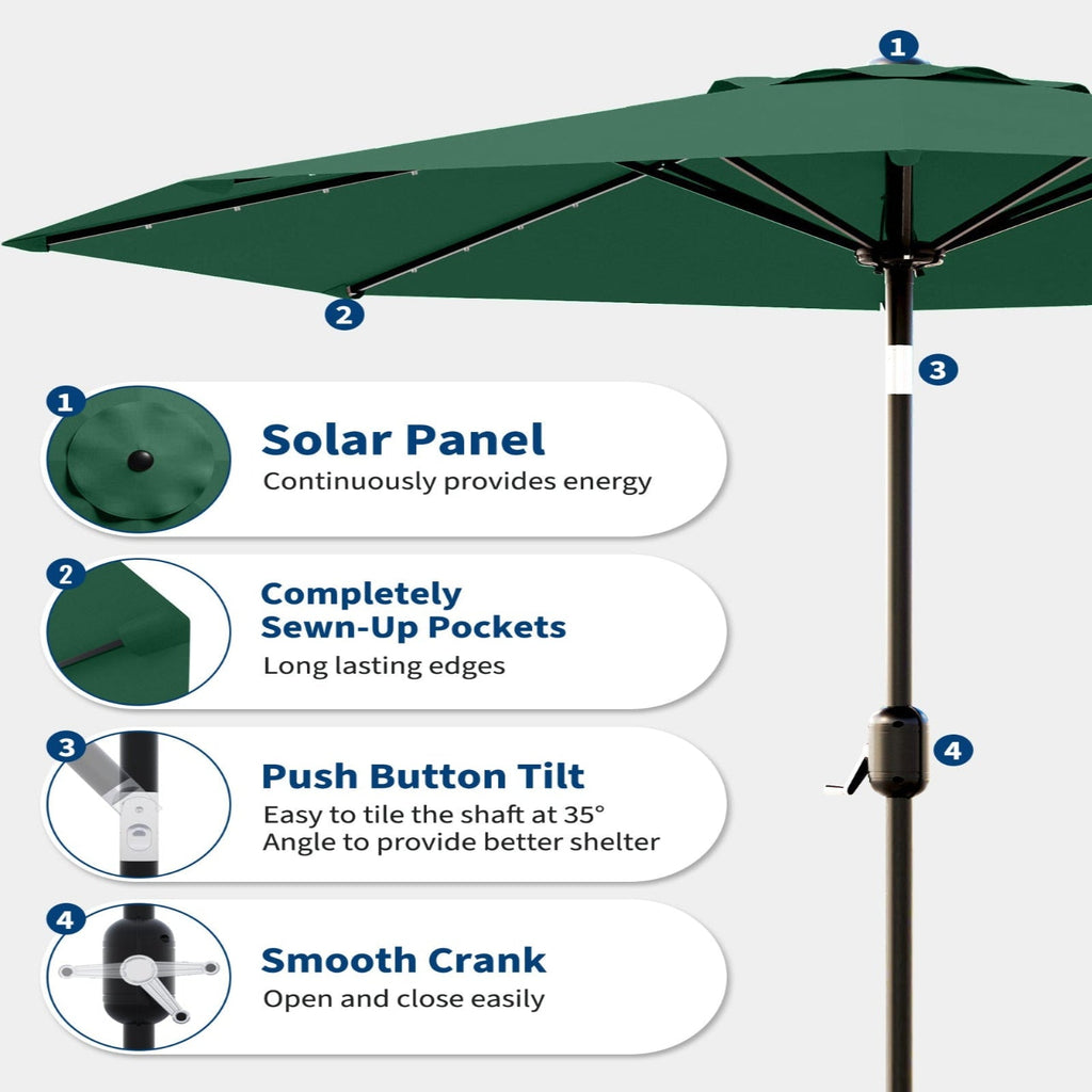 Garvee 9FT Solar LED Patio Umbrella with 32 Lights, Tilt & Crank Outdoor Market Umbrella, UV & Water Resistant, 8 Ribs Sunshade for Garden, Deck, Pool & Table, Dark Green
