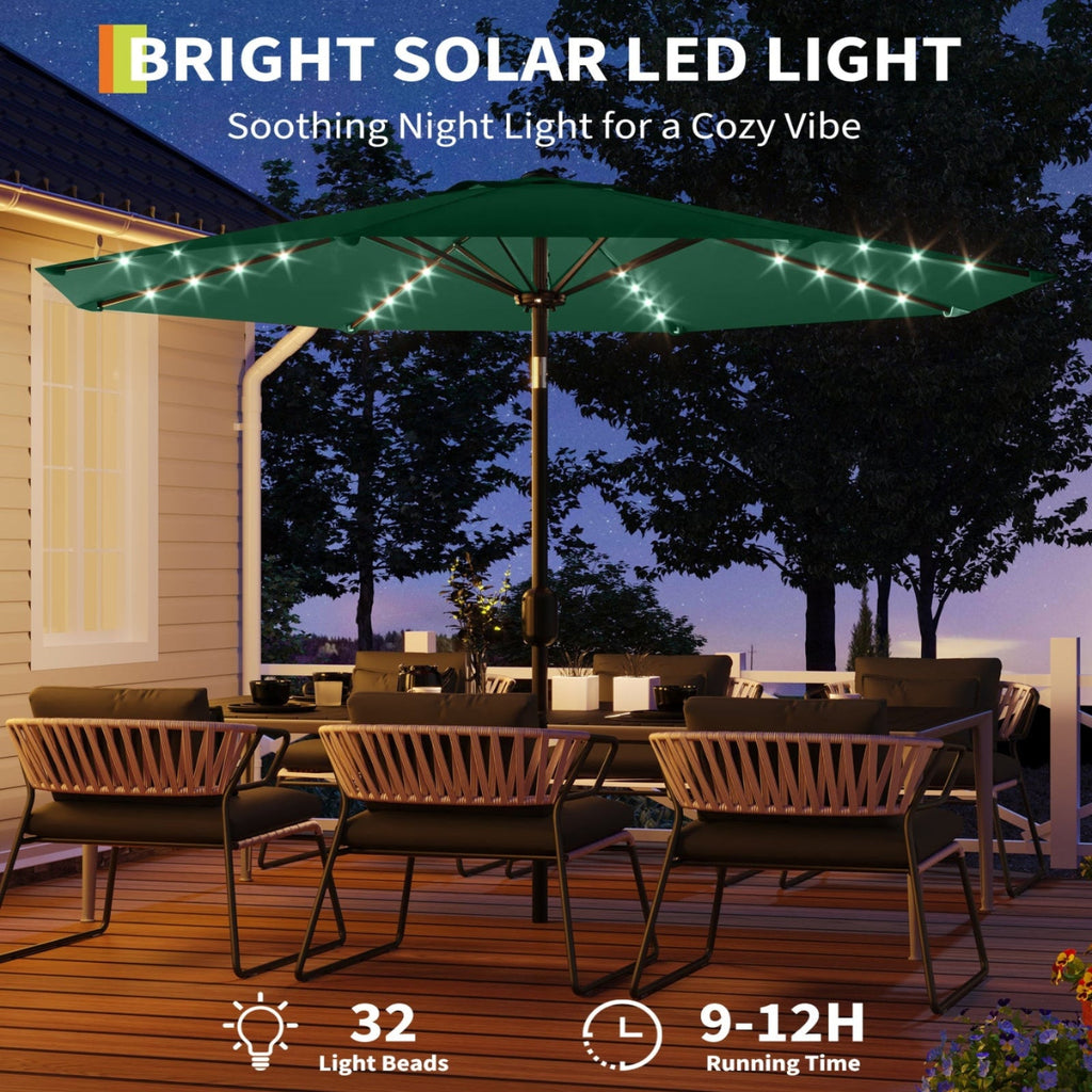 Garvee 9FT Solar LED Patio Umbrella with 32 Lights, Tilt & Crank Outdoor Market Umbrella, UV & Water Resistant, 8 Ribs Sunshade for Garden, Deck, Pool & Table, Dark Green