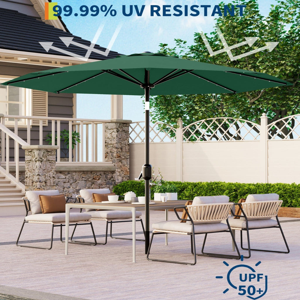 Garvee 9FT Solar LED Patio Umbrella with 32 Lights, Tilt & Crank Outdoor Market Umbrella, UV & Water Resistant, 8 Ribs Sunshade for Garden, Deck, Pool & Table, Dark Green