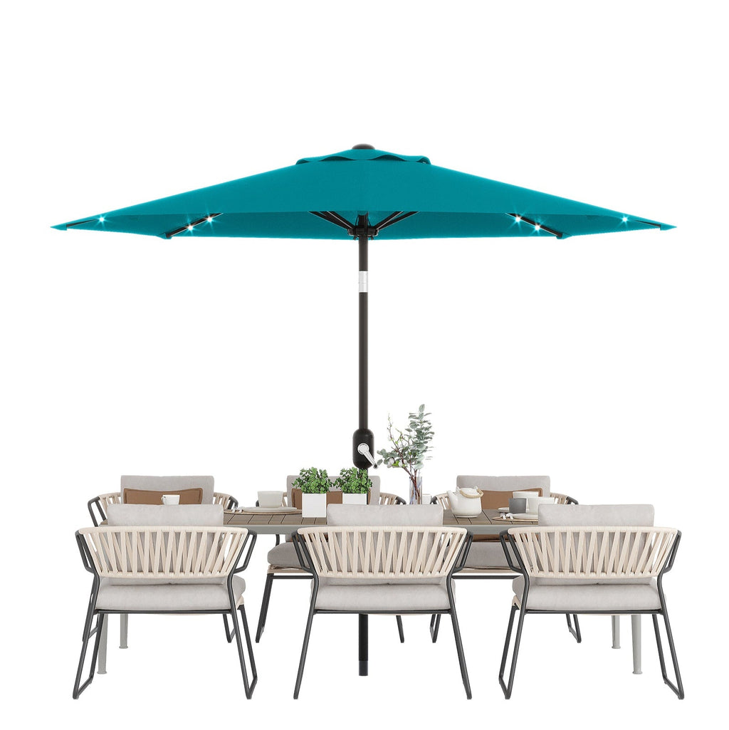Garvee 9FT Solar LED Patio Umbrella with 32 Lights, Tilt & Crank Outdoor Market Umbrella, UV & Water Resistant, 8 Ribs Sunshade for Garden, Deck, Pool & Table, Turquoise