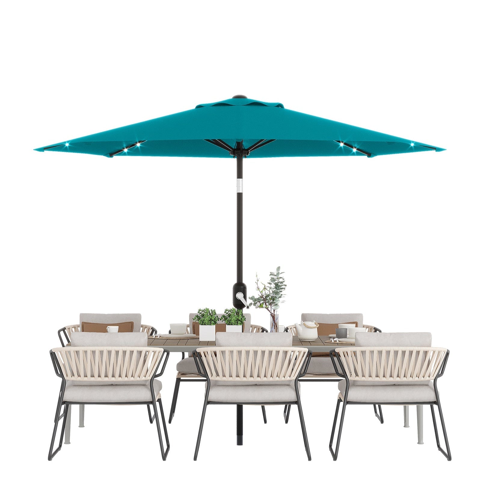 Garvee 9FT Solar LED Patio Umbrella with 32 Lights, Tilt & Crank Outdoor Market Umbrella, UV & Water Resistant, 8 Ribs Sunshade for Garden, Deck, Pool & Table, Turquoise