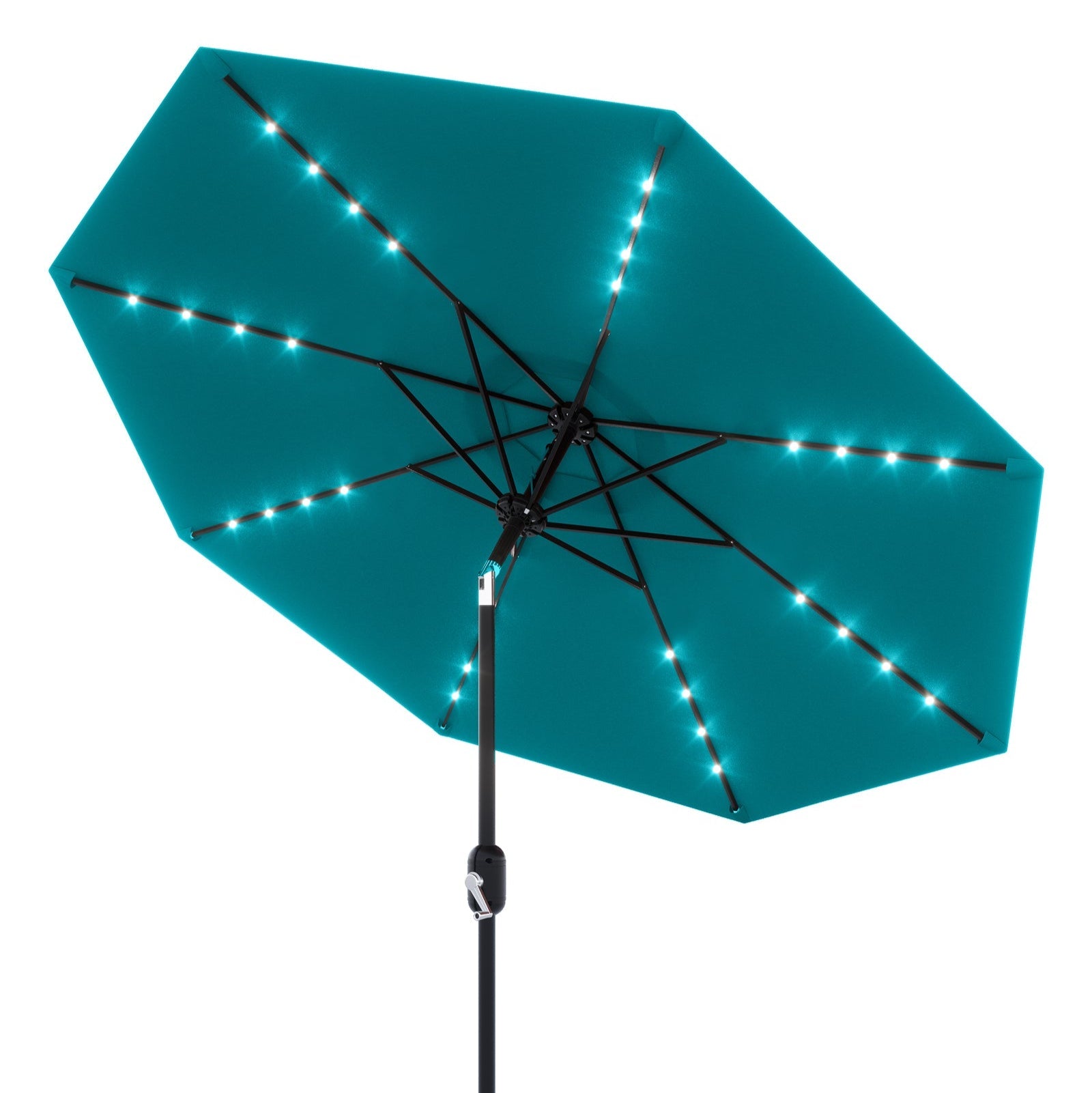 Garvee 9FT Solar LED Patio Umbrella with 32 Lights, Tilt & Crank Outdoor Market Umbrella, UV & Water Resistant, 8 Ribs Sunshade for Garden, Deck, Pool & Table, Turquoise