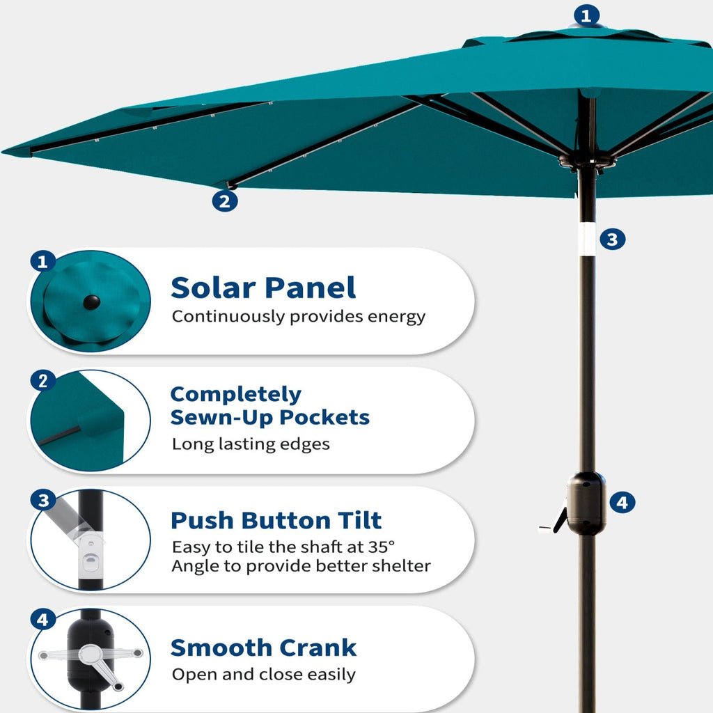 Garvee 9FT Solar LED Patio Umbrella with 32 Lights, Tilt & Crank Outdoor Market Umbrella, UV & Water Resistant, 8 Ribs Sunshade for Garden, Deck, Pool & Table, Turquoise