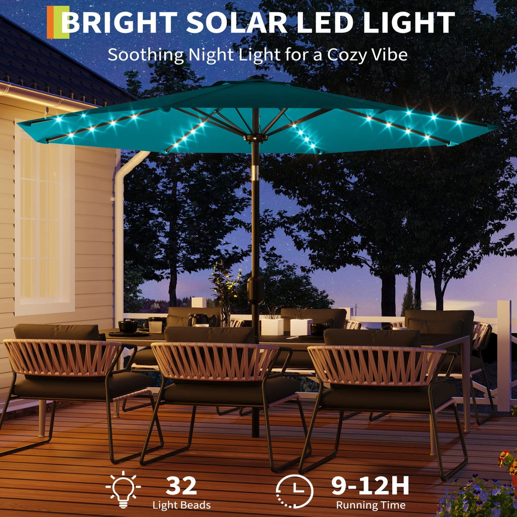 Garvee 9FT Solar LED Patio Umbrella with 32 Lights, Tilt & Crank Outdoor Market Umbrella, UV & Water Resistant, 8 Ribs Sunshade for Garden, Deck, Pool & Table, Turquoise