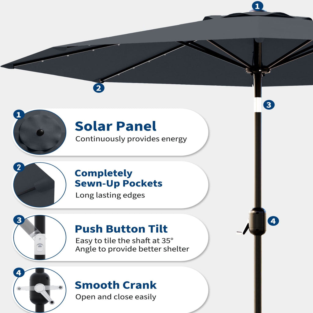 Garvee 10' Solar Patio Umbrella with 40 LED Lights, Outdoor Market Umbrella with Auto-Tilt Crank & Weather-Resistant Canopy, Grey