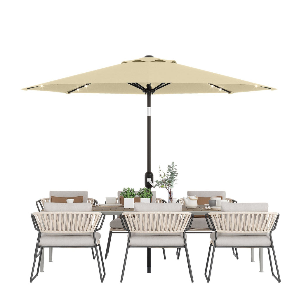 Garvee 9FT Solar LED Patio Umbrella with 32 Lights, Tilt & Crank Outdoor Market Umbrella, UV & Water Resistant, 8 Ribs Sunshade for Garden, Deck, Pool & Table, Beige