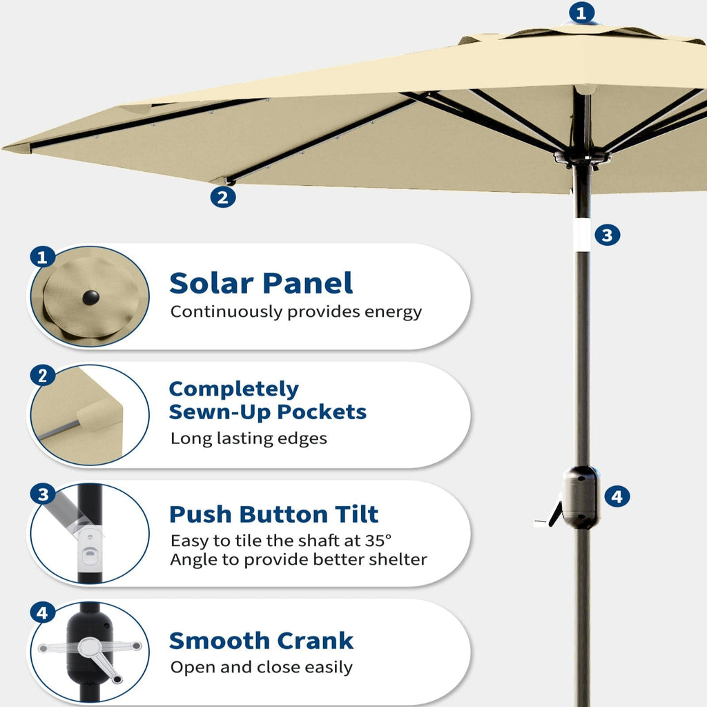 Garvee 10 ft Solar Patio Umbrella with 40 LED Lights, Beige Outdoor Market Umbrella with Auto-Tilt Crank & Weather-Resistant Canopy
