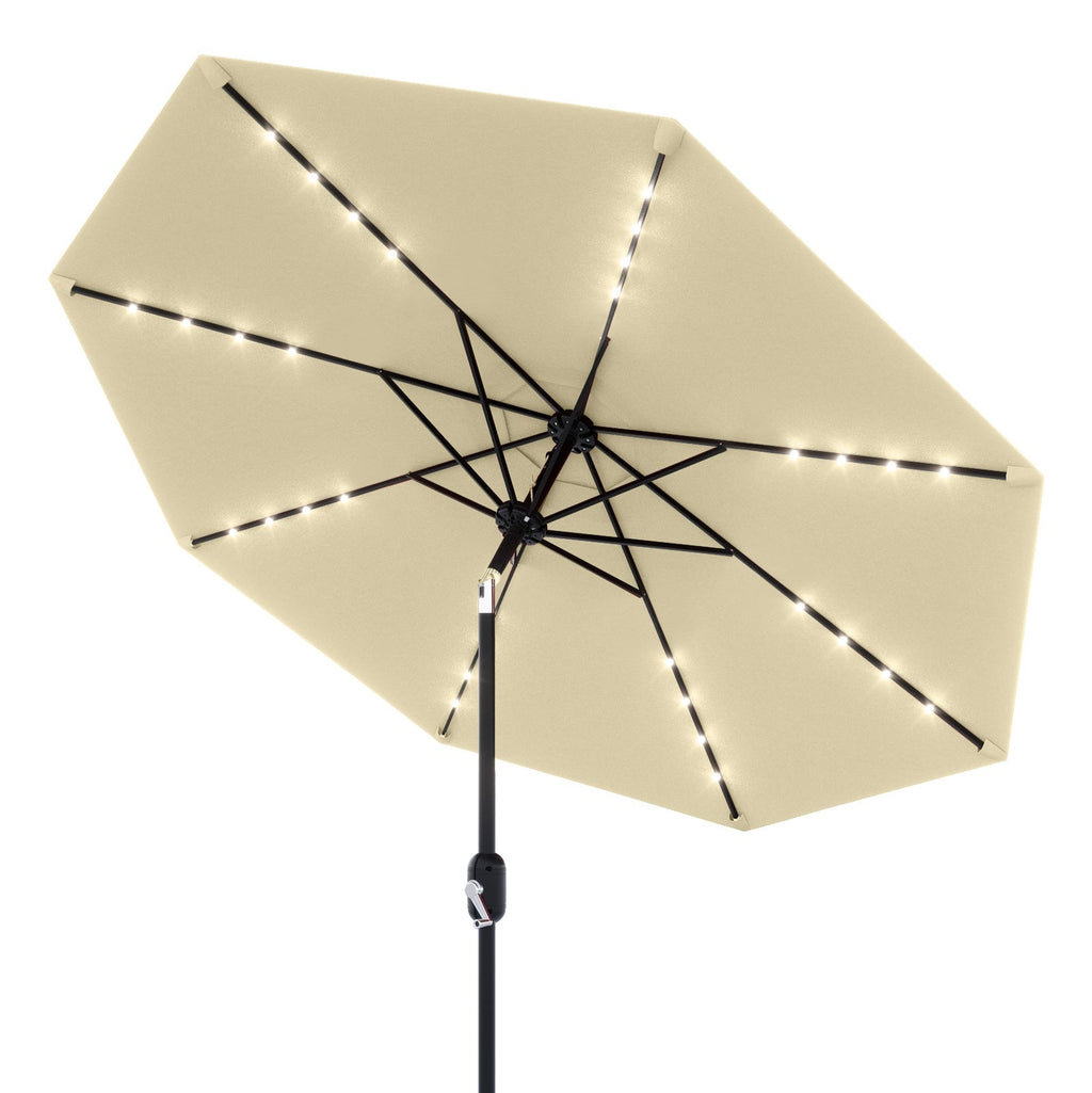 Garvee 9FT Solar LED Patio Umbrella with 32 Lights, Tilt & Crank Outdoor Market Umbrella, UV & Water Resistant, 8 Ribs Sunshade for Garden, Deck, Pool & Table, Beige