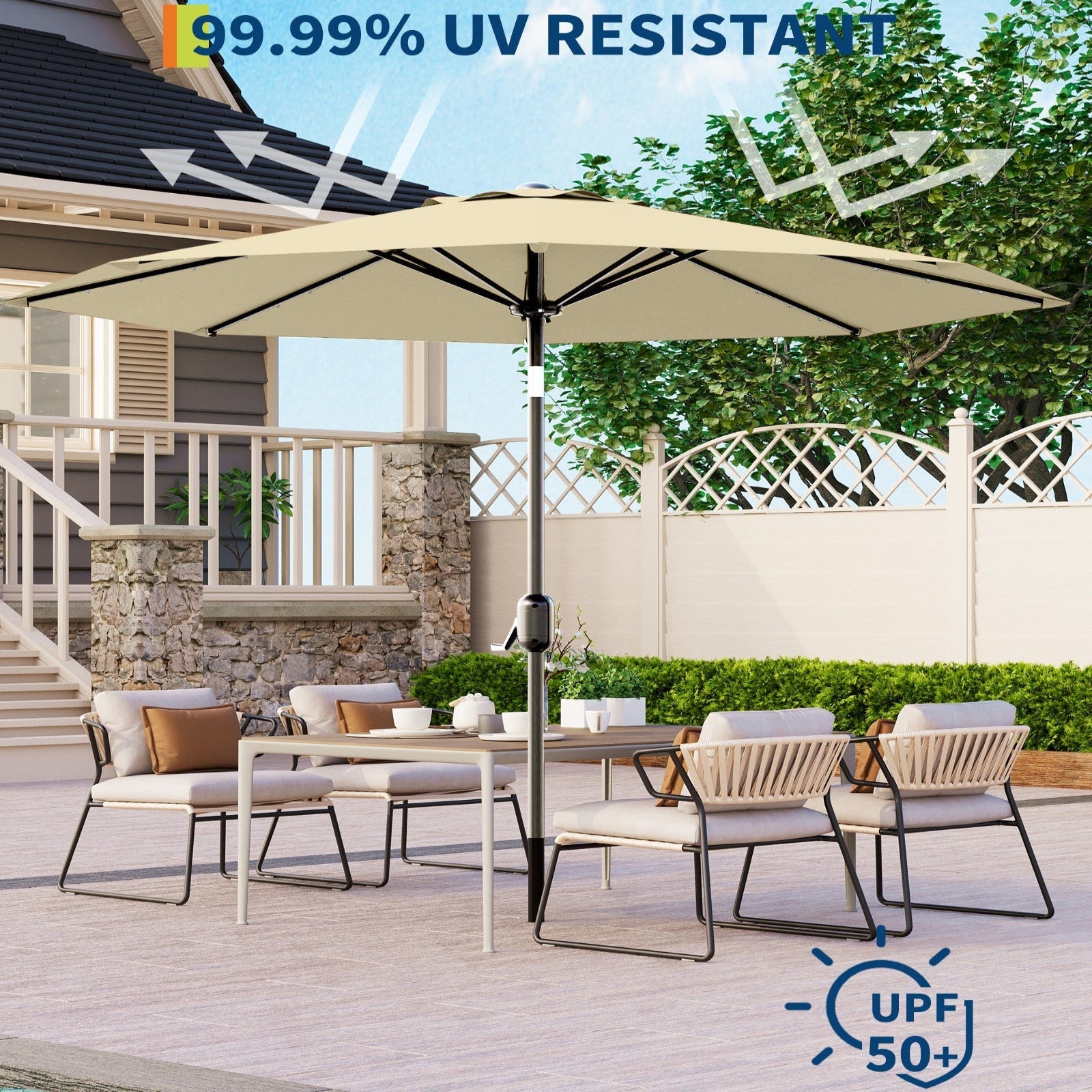 Garvee 9FT Solar LED Patio Umbrella with 32 Lights, Tilt & Crank Outdoor Market Umbrella, UV & Water Resistant, 8 Ribs Sunshade for Garden, Deck, Pool & Table, Beige