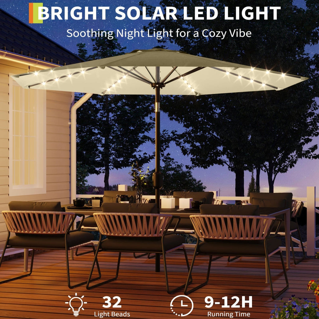 Garvee 9FT Solar LED Patio Umbrella with 32 Lights, Tilt & Crank Outdoor Market Umbrella, UV & Water Resistant, 8 Ribs Sunshade for Garden, Deck, Pool & Table, Beige