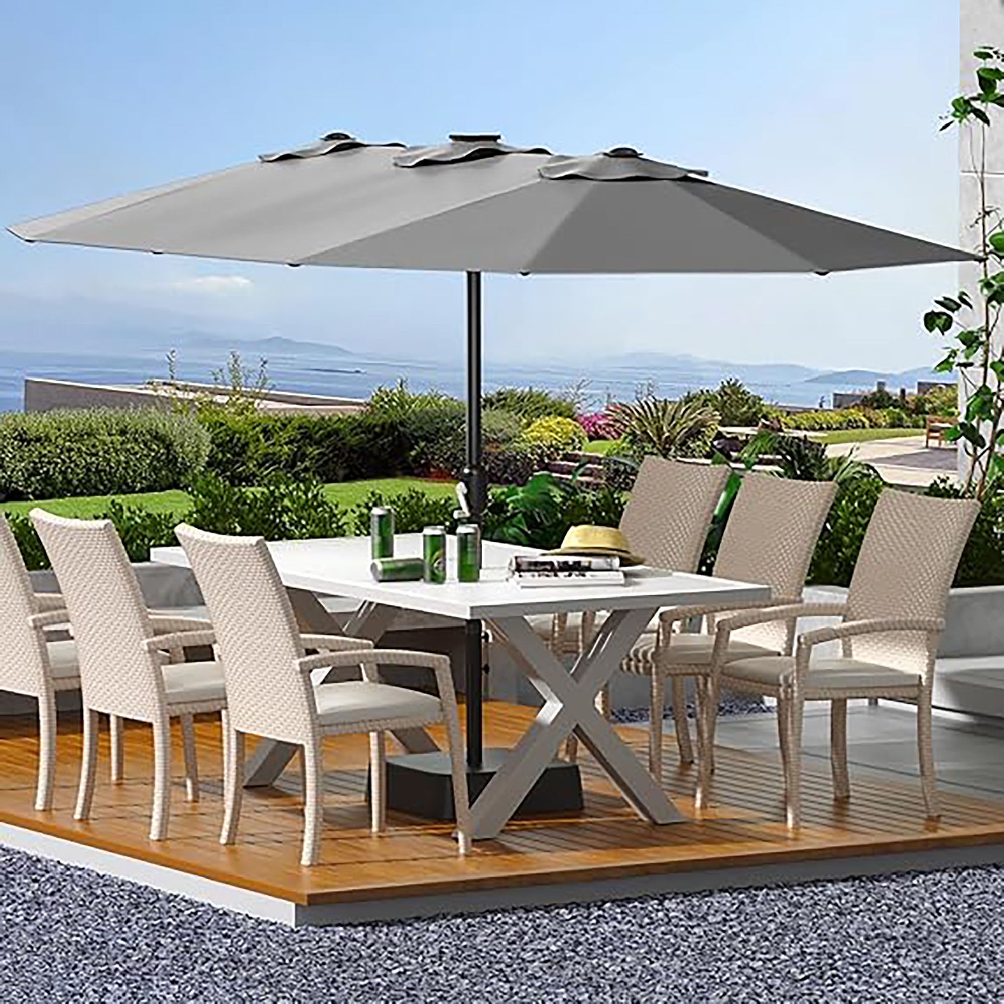 Garvee 15' Large Patio Umbrella with Base, Outdoor Double-Sided Rectangle Market Umbrella Outside Umbrellas for Poolside Lawn Backyard, Grey