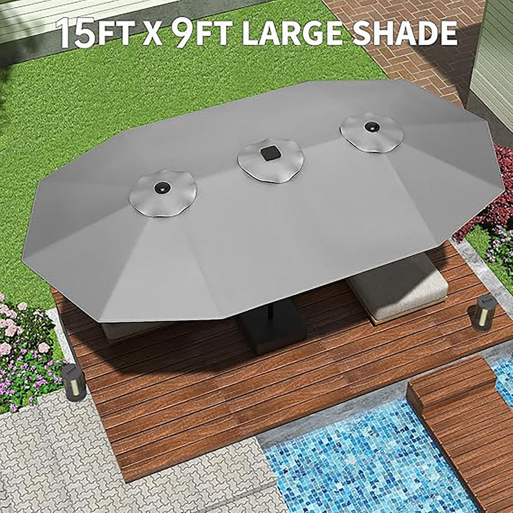 Garvee 15' Large Patio Umbrella with Base, Outdoor Double-Sided Rectangle Market Umbrella Outside Umbrellas for Poolside Lawn Backyard, Grey