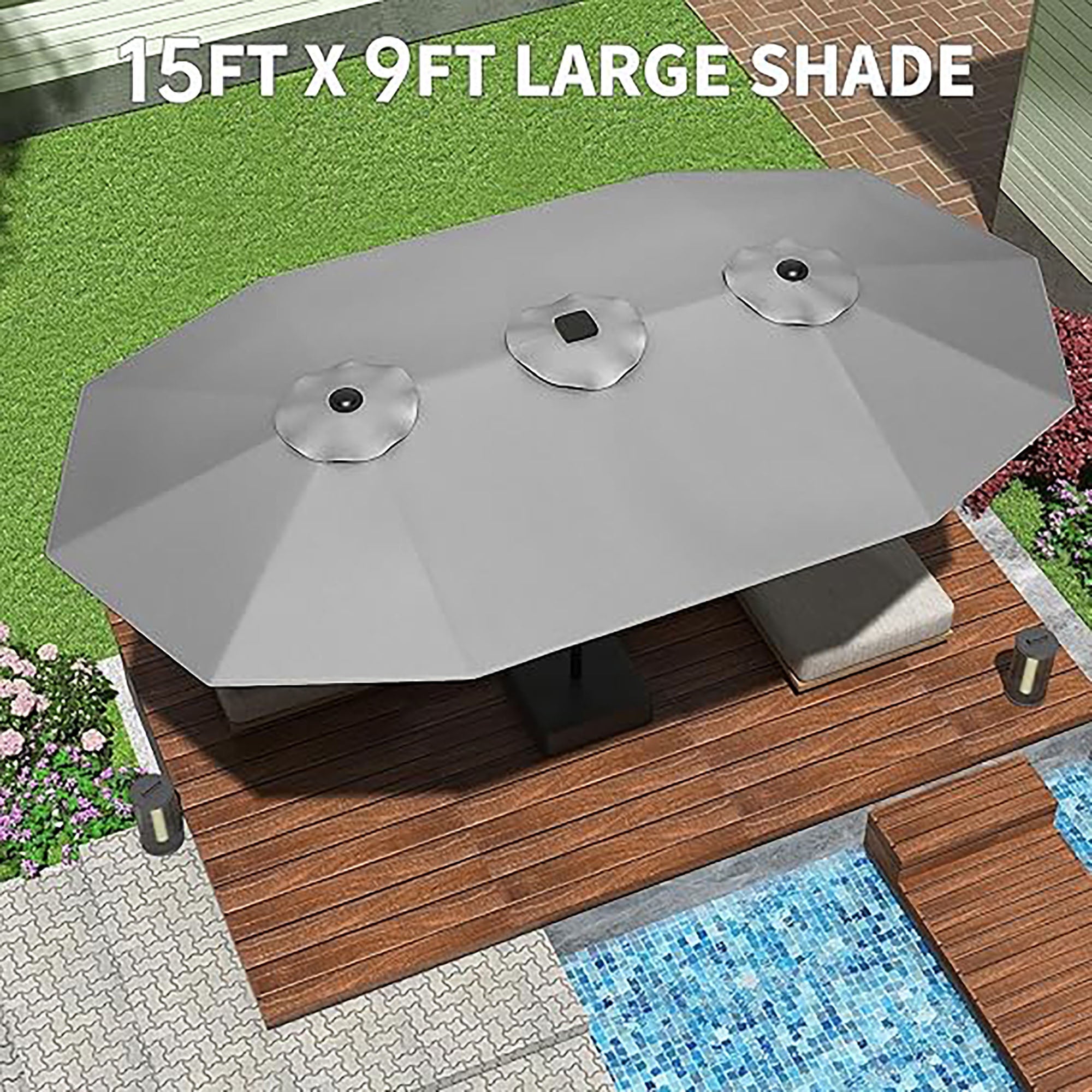 Garvee 15' Large Patio Umbrella with Base, Outdoor Double-Sided Rectangle Market Umbrella Outside Umbrellas for Poolside Lawn Backyard, Grey