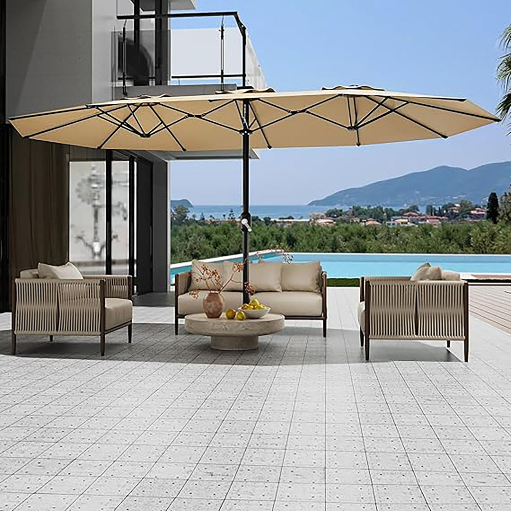 Garvee 15 x 9 ft Double-Sided Patio Umbrella with Base, UPF50+ Rectangular Outdoor Market Umbrella with Crank Lift, Beige