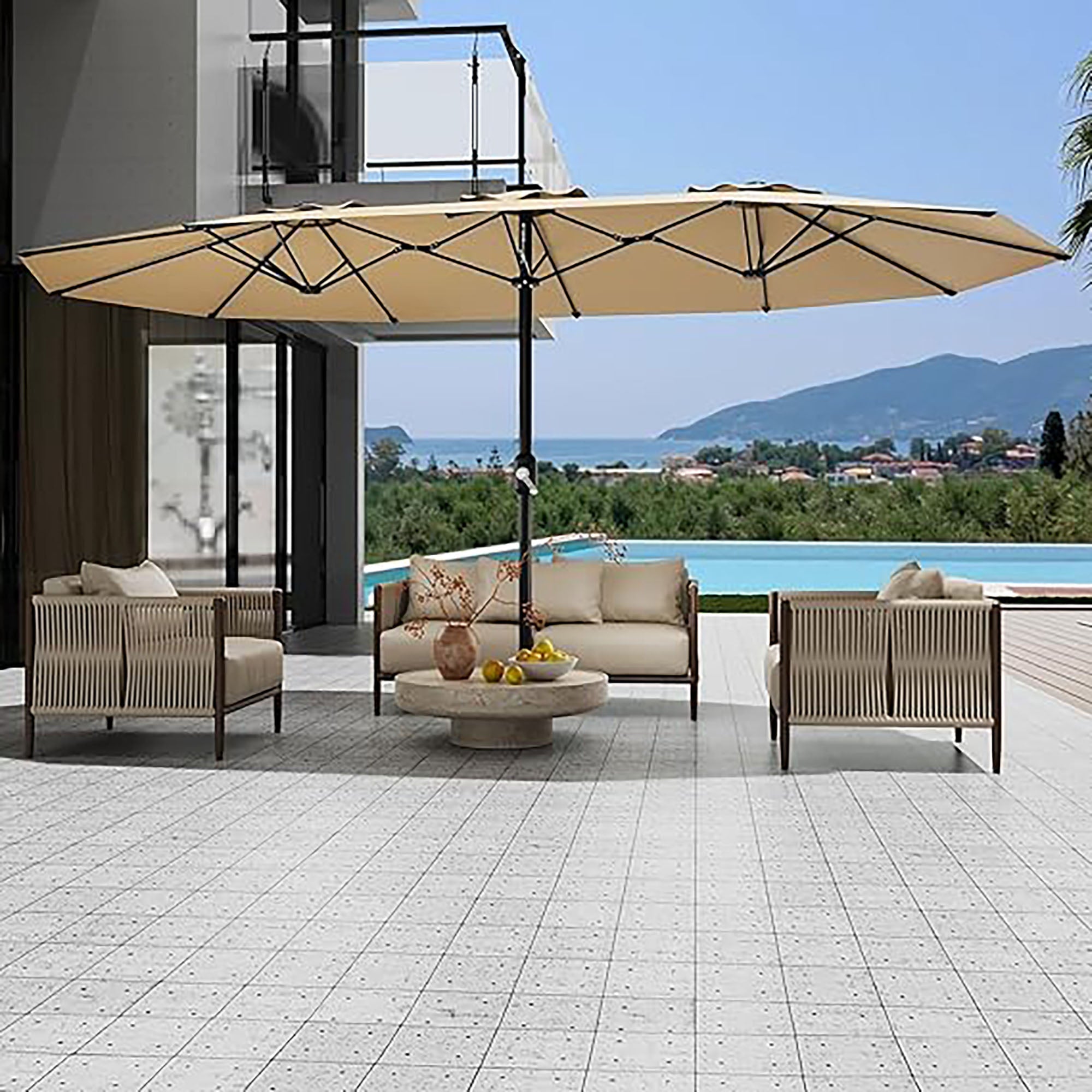 Garvee 15 x 9 ft Double-Sided Patio Umbrella with Base, UPF50+ Rectangular Outdoor Market Umbrella with Crank Lift, Beige