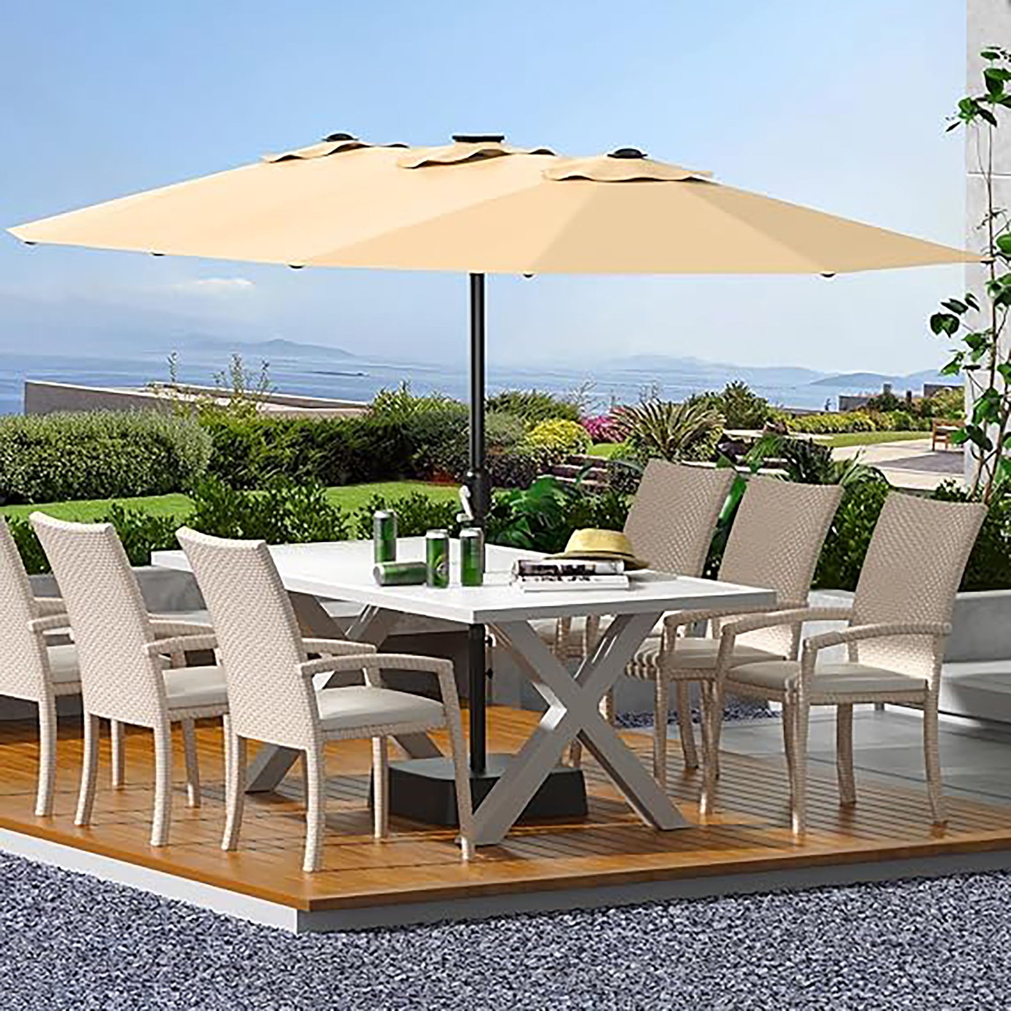 Garvee 15 x 9 ft Double-Sided Patio Umbrella with Base, UPF50+ Rectangular Outdoor Market Umbrella with Crank Lift, Beige