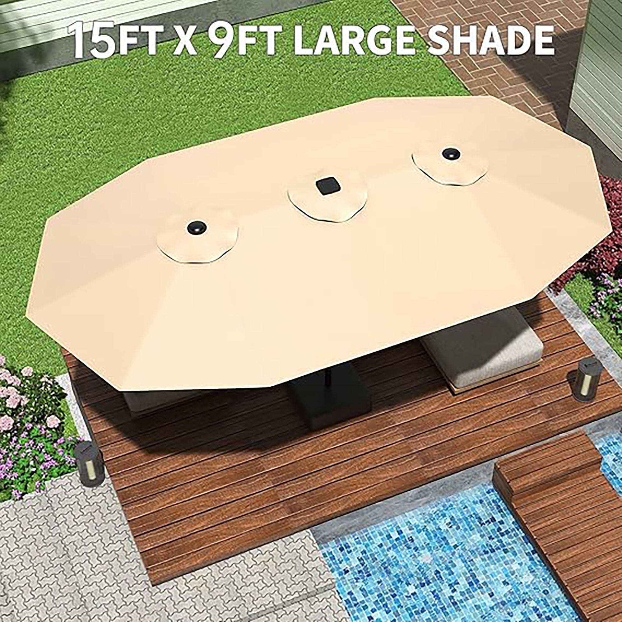 Garvee 15 x 9 ft Double-Sided Patio Umbrella with Base, UPF50+ Rectangular Outdoor Market Umbrella with Crank Lift, Beige