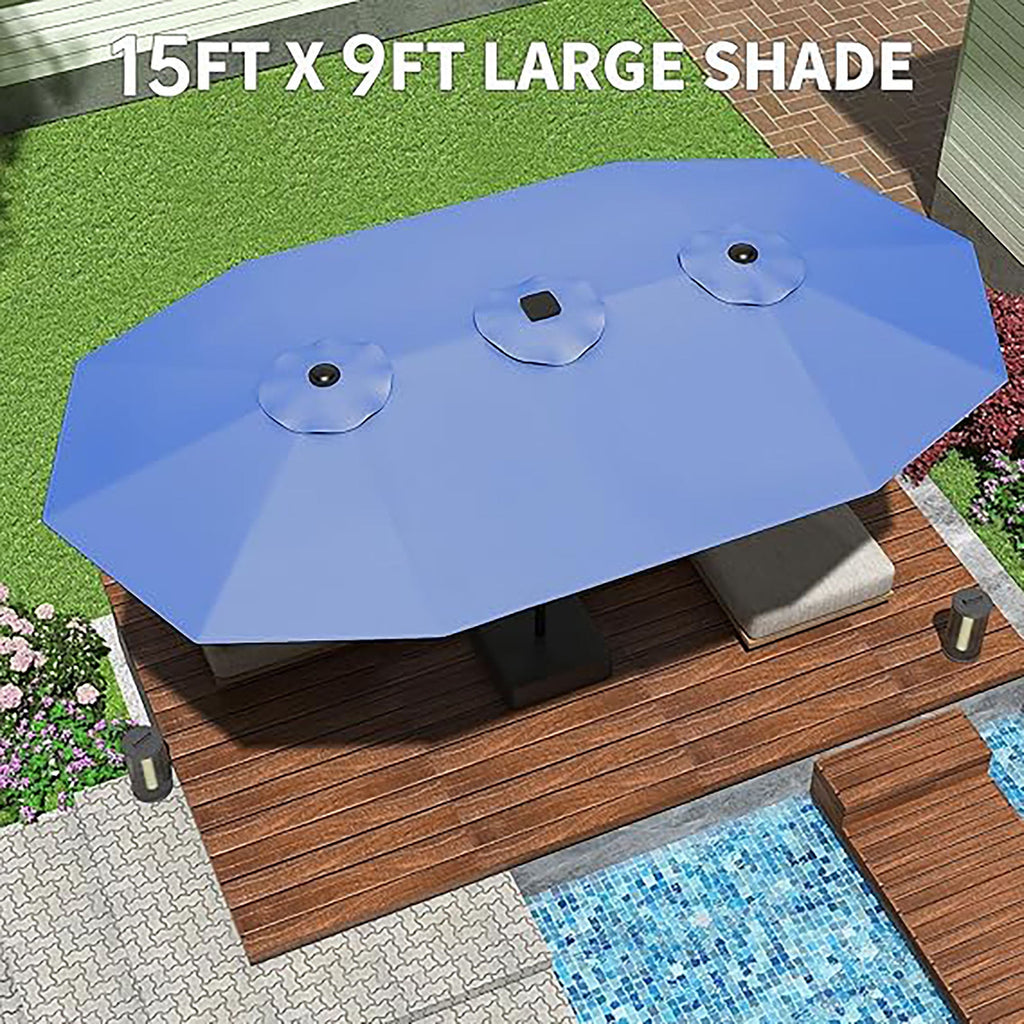 Garvee 15' Large Patio Umbrella with Base, Outdoor Double-Sided Rectangle Market Umbrella Outside Umbrellas for Poolside Lawn Backyard, Navy Blue