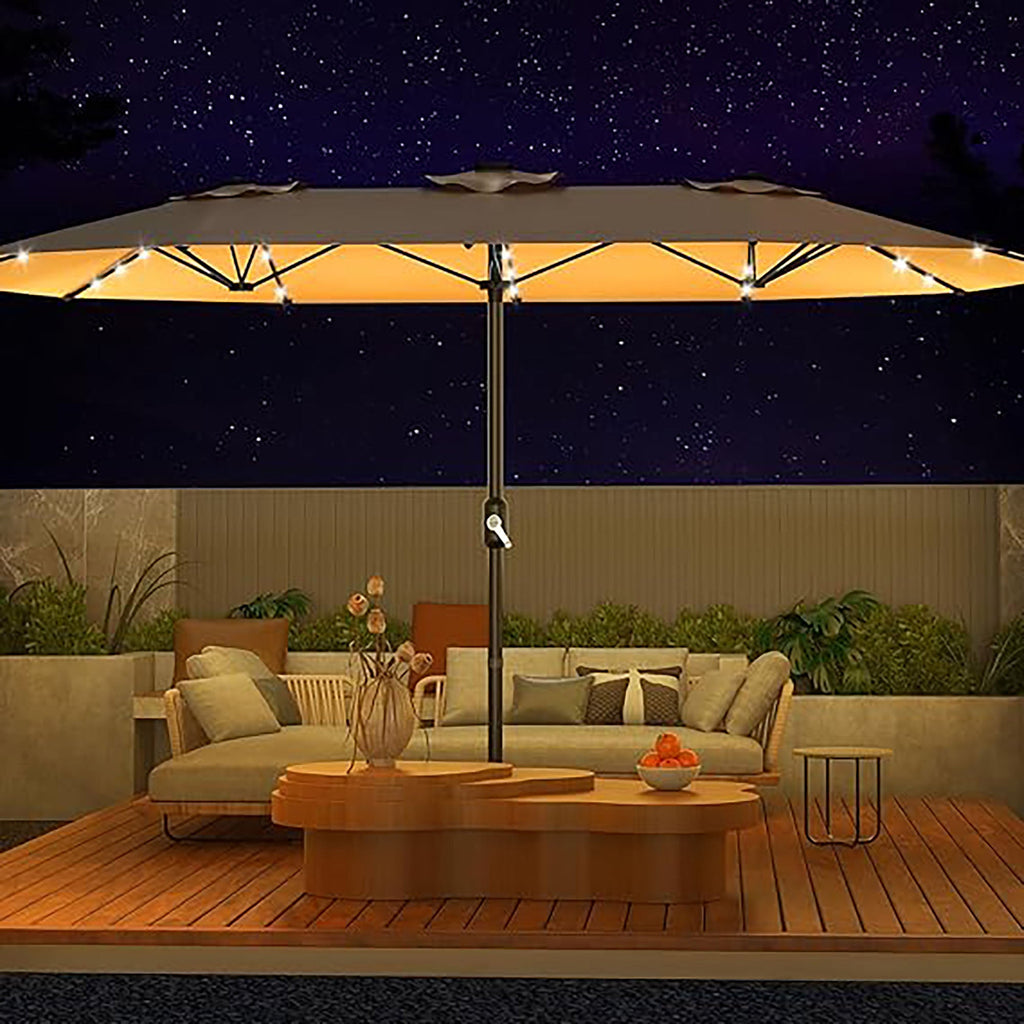 Garvee 15' × 9' Double-Sided Patio Umbrella with Base, 36 Solar LED Lights, UPF50+ Waterproof Rectangle Outdoor Market Umbrella for Pool Deck Backyard