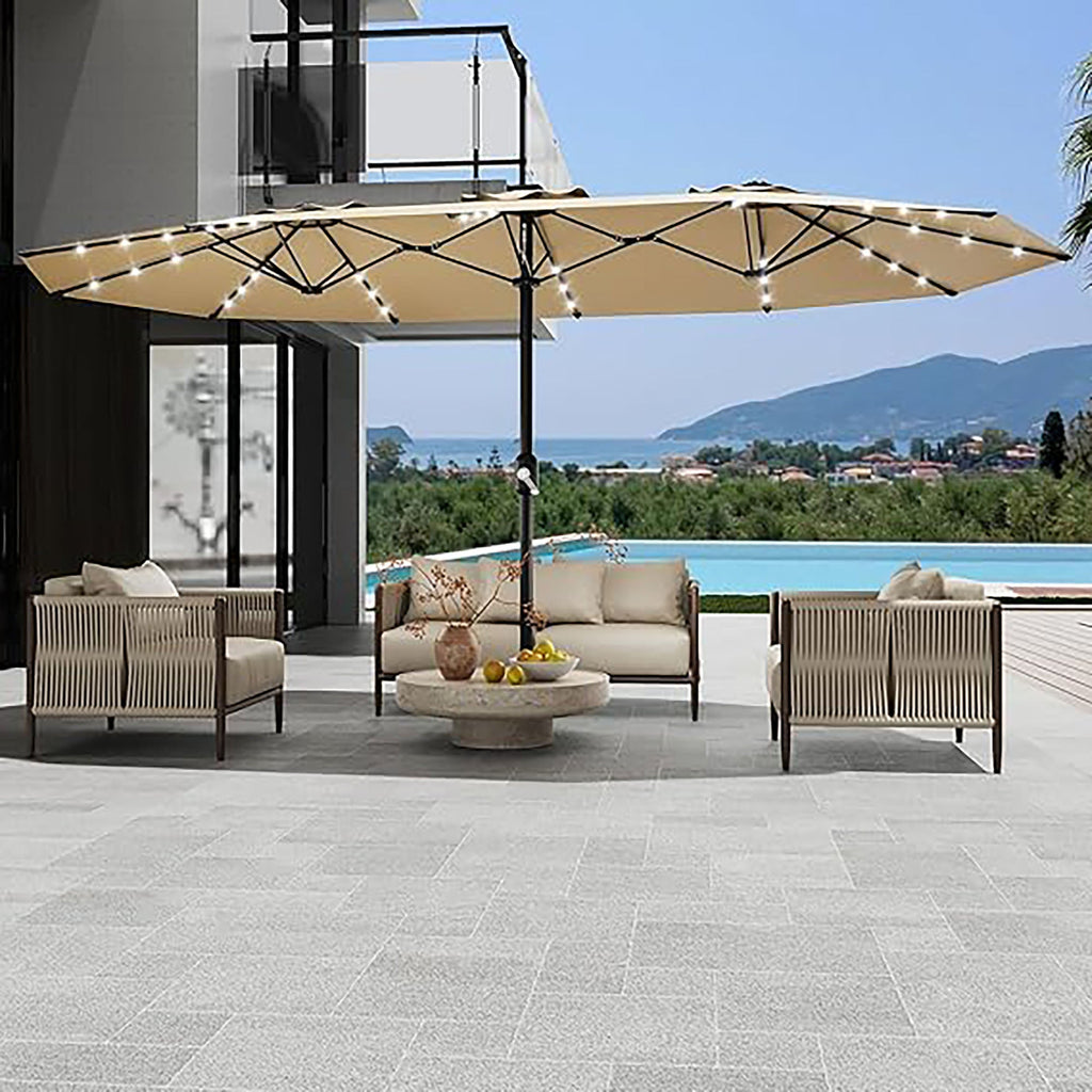 Garvee 15' × 9' Double-Sided Patio Umbrella with Base, 36 Solar LED Lights, UPF50+ Waterproof Rectangle Outdoor Market Umbrella for Pool Deck Backyard