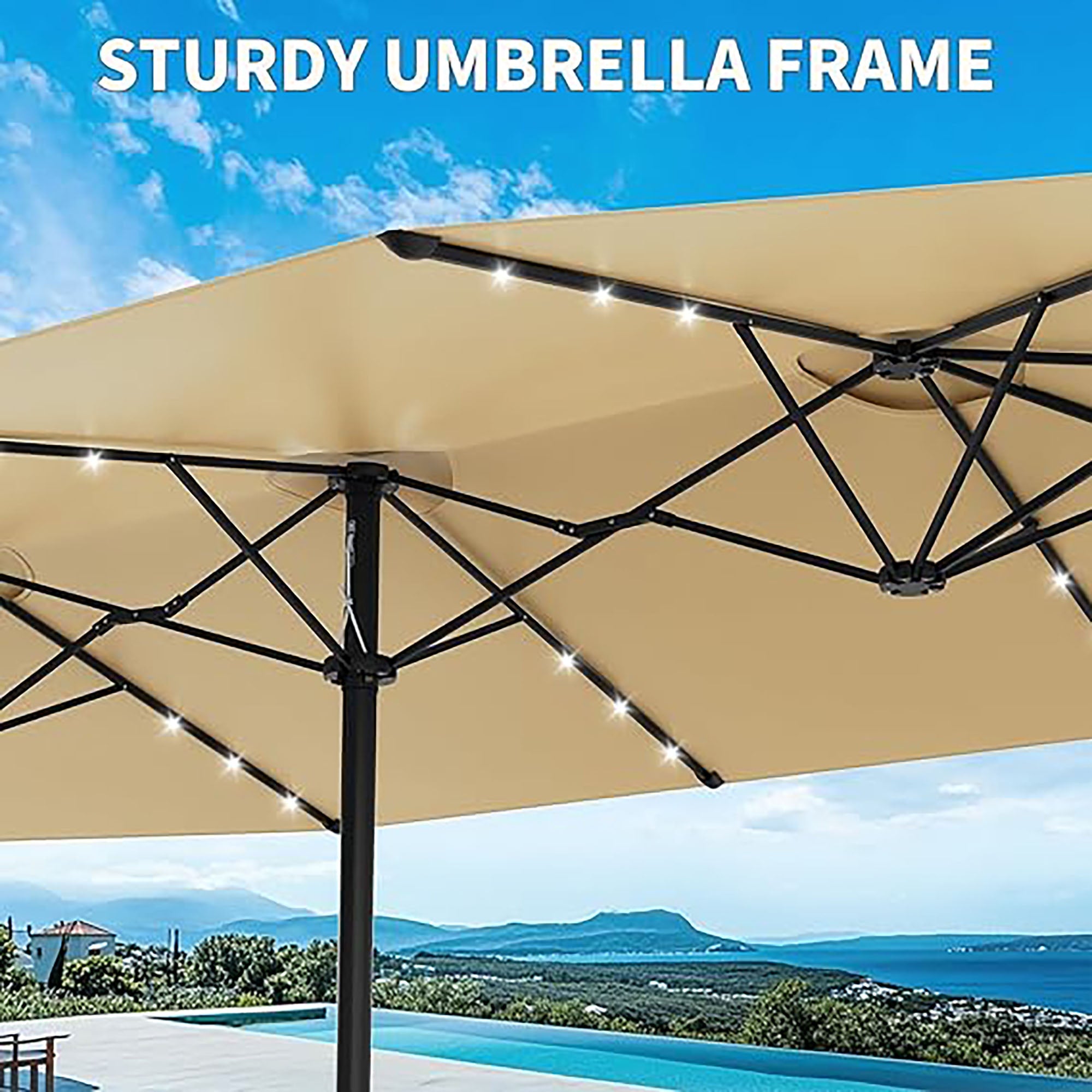 Garvee 15' × 9' Double-Sided Patio Umbrella with Base, 36 Solar LED Lights, UPF50+ Waterproof Rectangle Outdoor Market Umbrella for Pool Deck Backyard