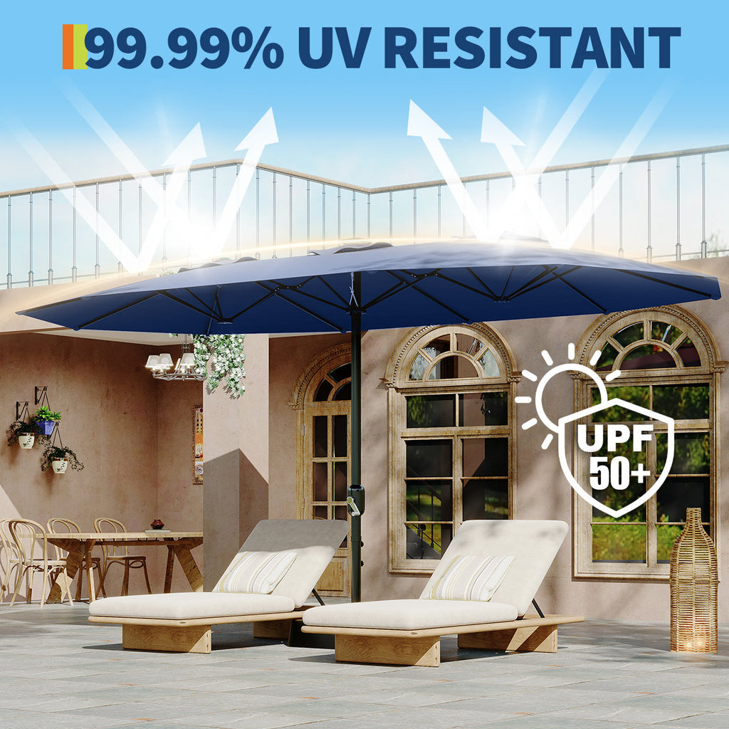 Garvee 15' Large Patio Umbrella with Base, Outdoor Double-Sided Rectangle Market Umbrella Outside Umbrellas for Poolside Lawn Backyard, Navy Blue
