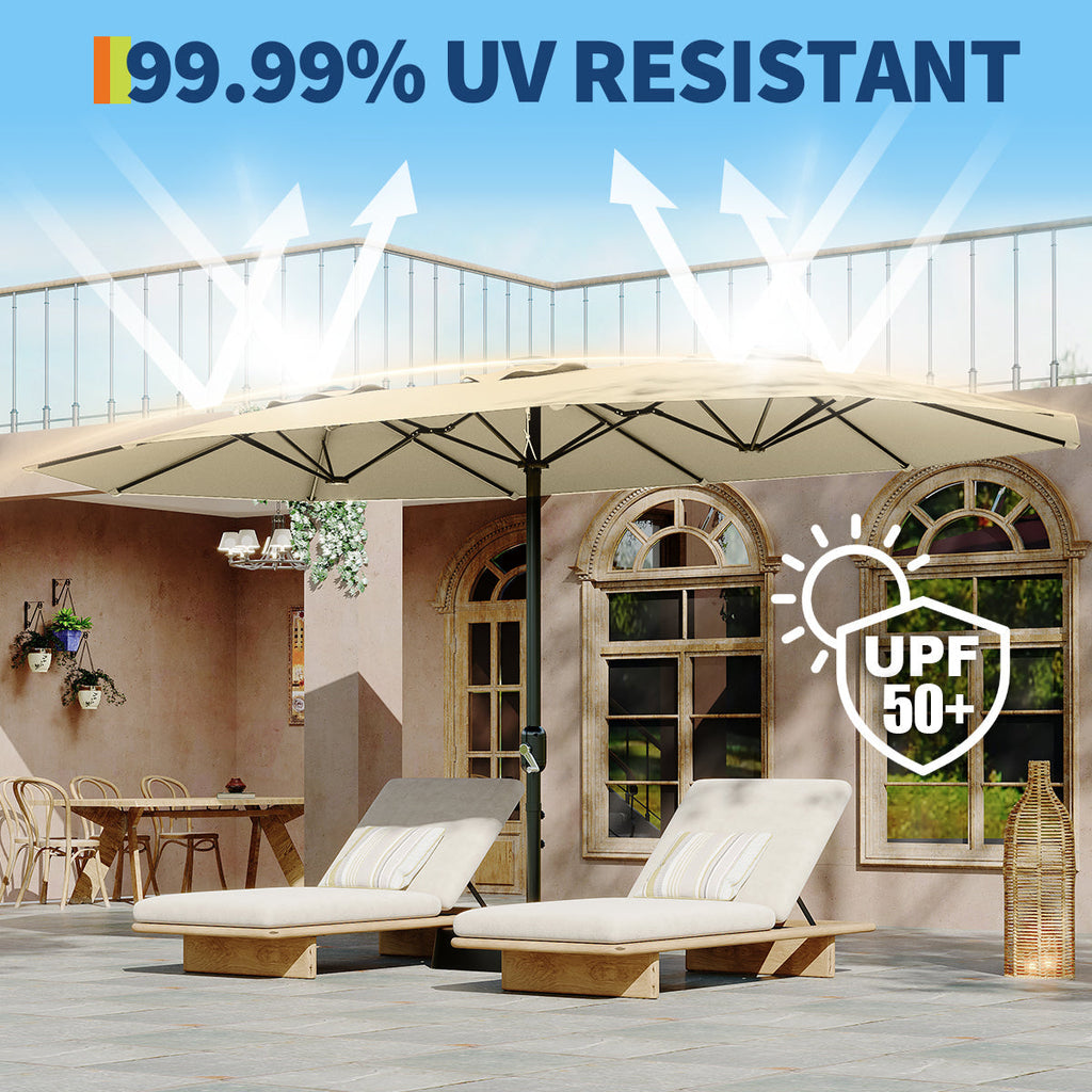 Garvee 15 x 9 ft Double-Sided Patio Umbrella with Base, UPF50+ Rectangular Outdoor Market Umbrella with Crank Lift, Beige