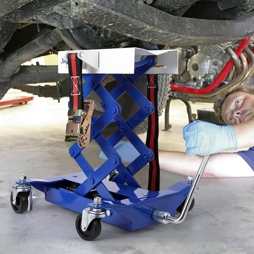 Garvee Low Profile Transmission Jack, 450 Lbs, 7-23 Inch, Heavy Duty High Lift Car Lift Jack with Safety Straps, 4 Wheels, Auto Repair Lifting Jack for Home Garage, Blue