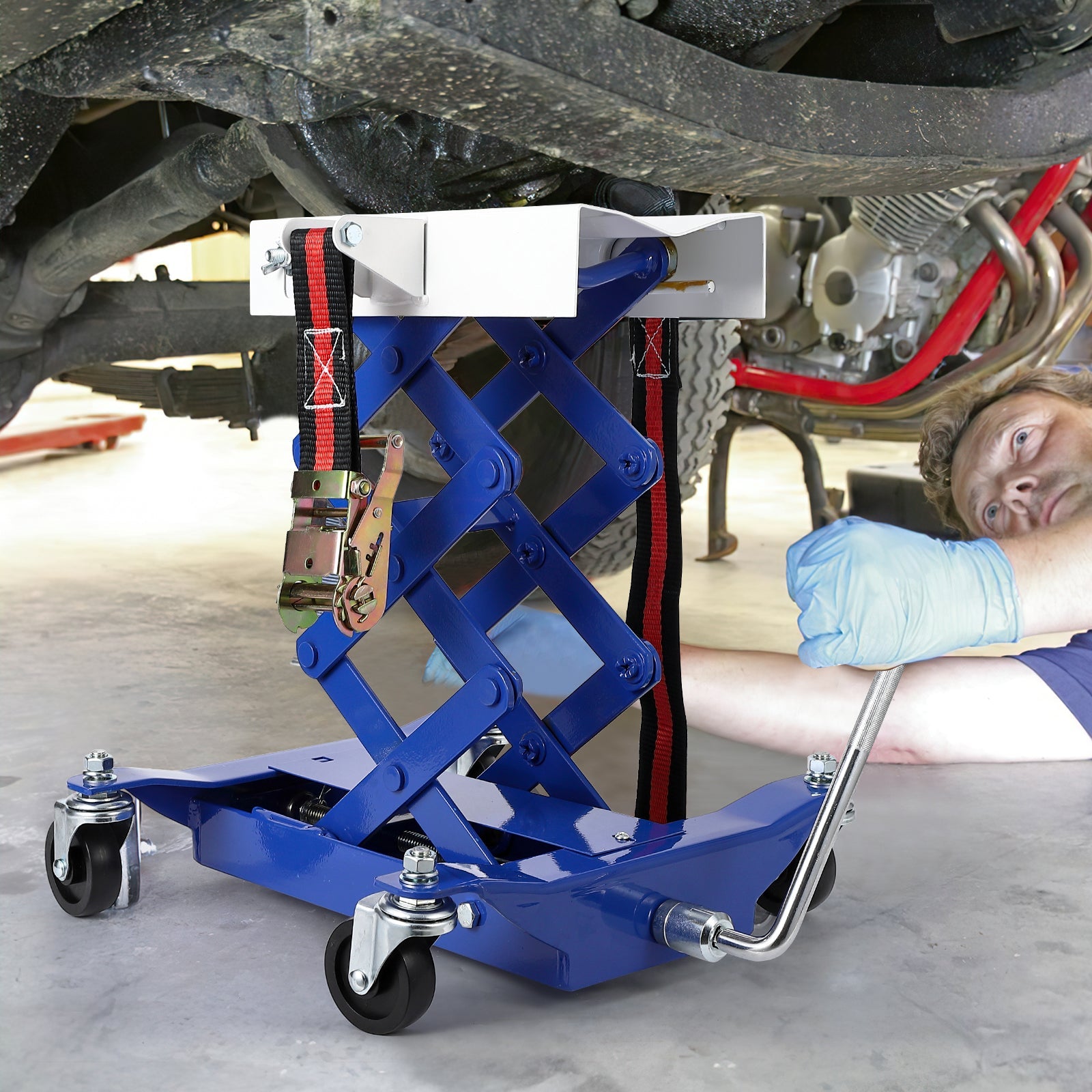 Garvee Low Profile Transmission Jack, 450 Lbs, 7-23 Inch, Heavy Duty High Lift Car Lift Jack with Safety Straps, 4 Wheels, Auto Repair Lifting Jack for Home Garage, Blue