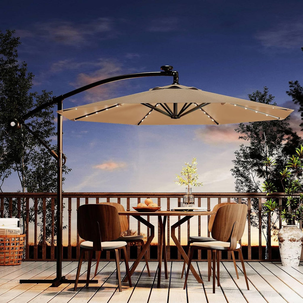 Garvee 10 ft Solar LED Cantilever Patio Umbrella, Offset Outdoor Umbrella with Crank Lift, Tilt Adjustment, 32 LED Lights, UV Protection, Tan