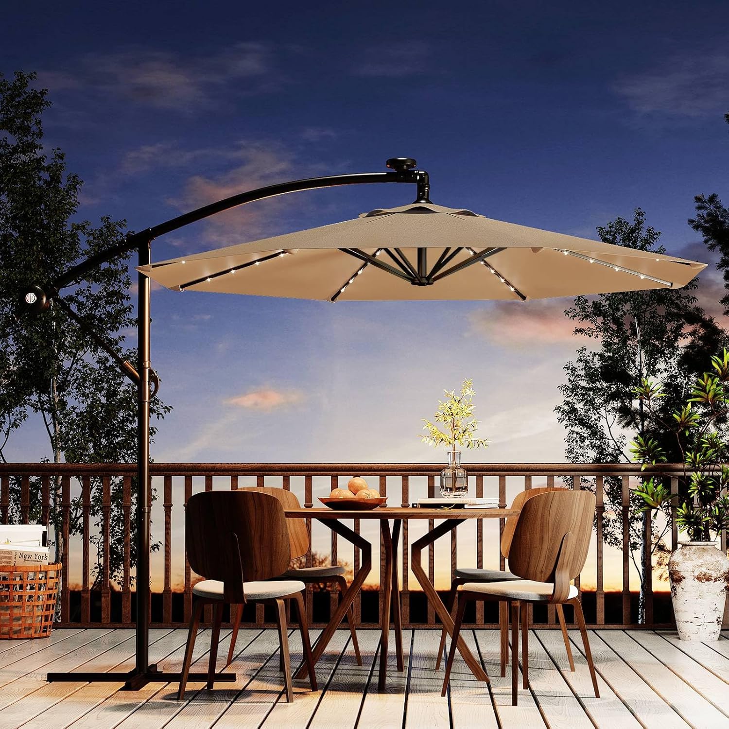 Garvee 10 ft Solar LED Cantilever Patio Umbrella, Offset Outdoor Umbrella with Crank Lift, Tilt Adjustment, 32 LED Lights, UV Protection, Tan