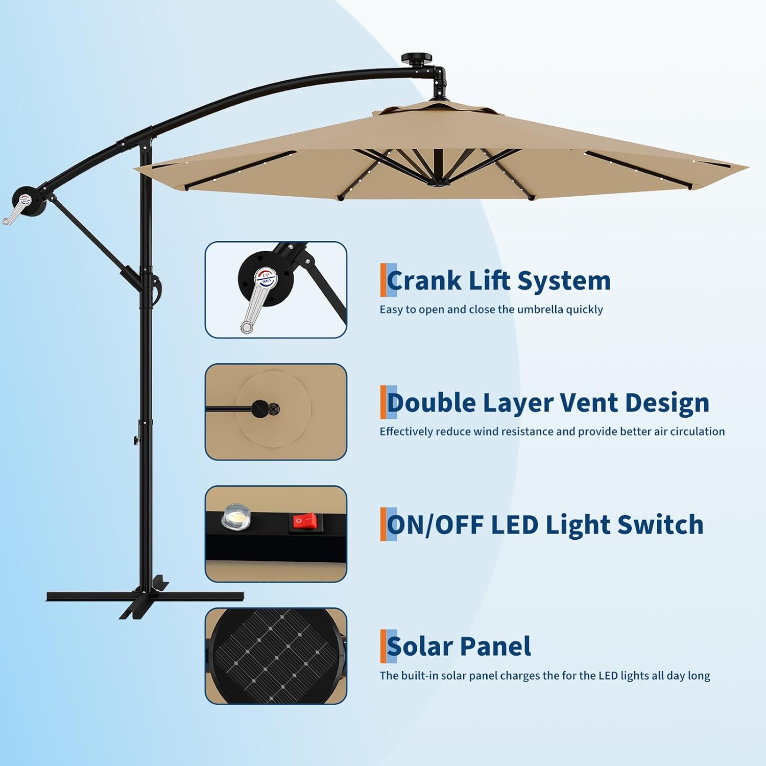 Garvee 10 ft Solar LED Cantilever Patio Umbrella, Offset Outdoor Umbrella with Crank Lift, Tilt Adjustment, 32 LED Lights, UV Protection, Tan
