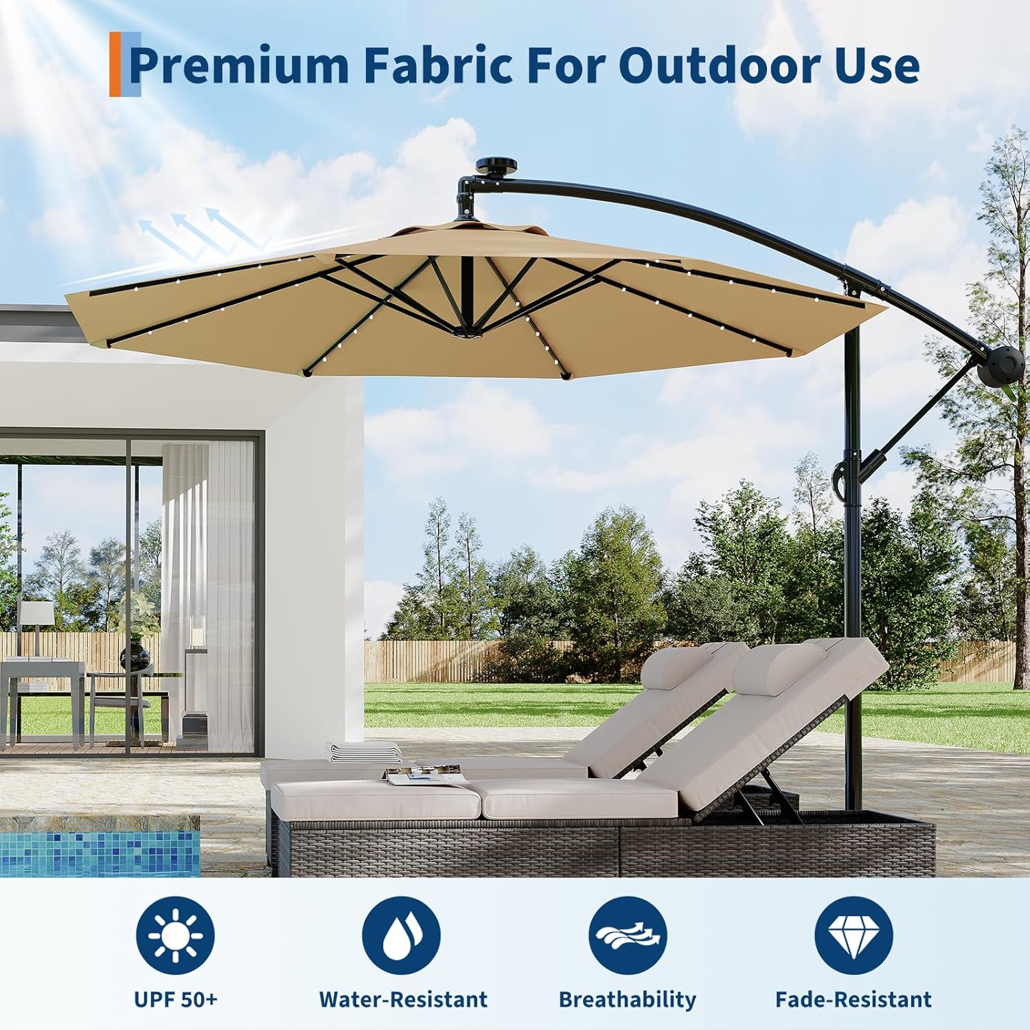 Garvee 10 ft Solar LED Cantilever Patio Umbrella, Offset Outdoor Umbrella with Crank Lift, Tilt Adjustment, 32 LED Lights, UV Protection, Tan