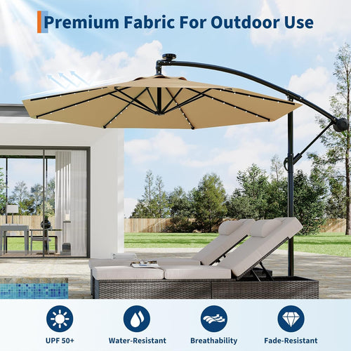 Garvee 10 ft Solar LED Cantilever Patio Umbrella, Offset Outdoor Umbrella with Crank Lift, Tilt Adjustment, 32 LED Lights, UV Protection, Tan