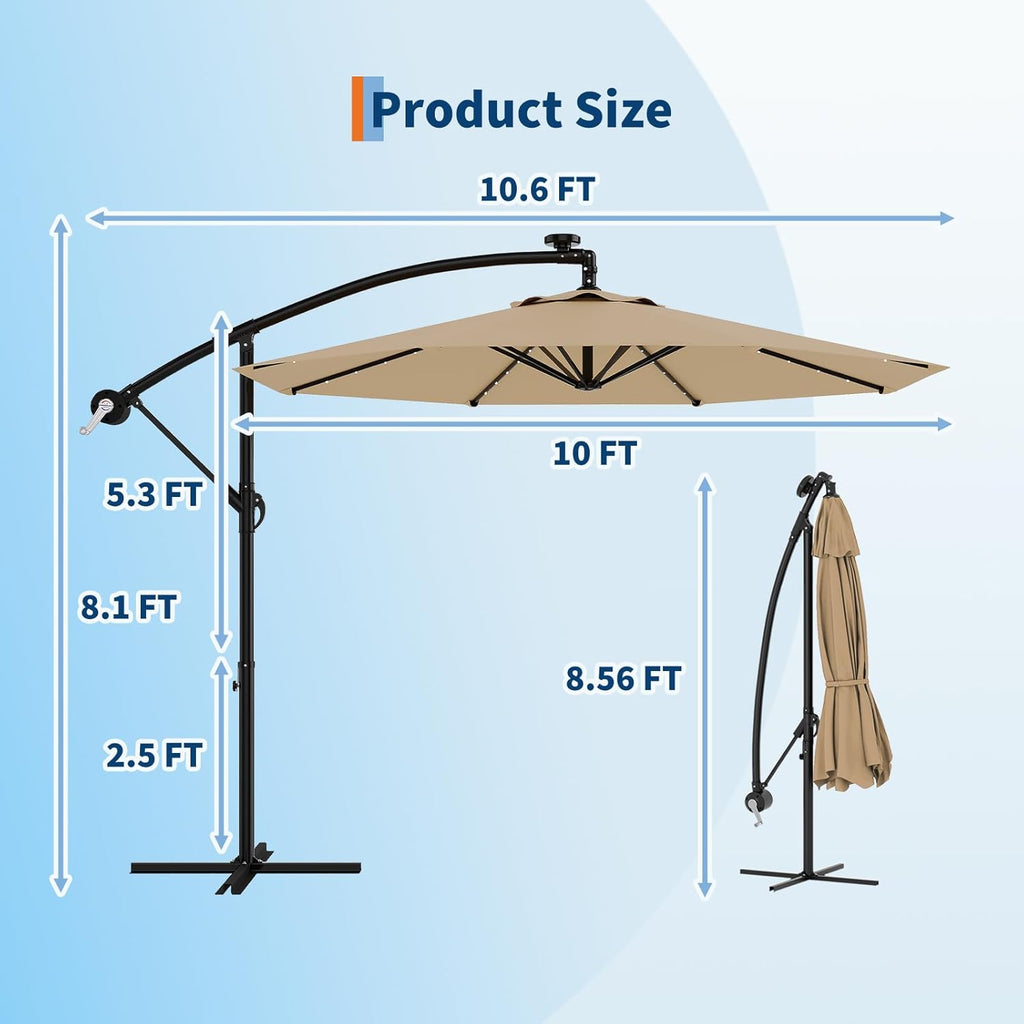 Garvee 10 ft Solar LED Cantilever Patio Umbrella, Offset Outdoor Umbrella with Crank Lift, Tilt Adjustment, 32 LED Lights, UV Protection, Tan