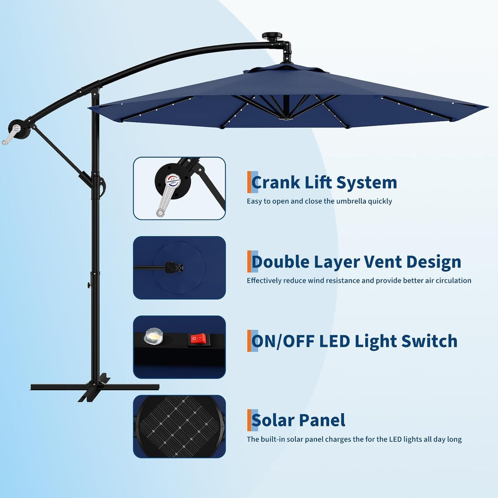 Garvee 10' Solar Lights Offset Patio Umbrella, Cantilever Umbrella with Easy Lift & Tilt Adjustment, 8 Ribs Sun Umbrella UV Protection, Navy Blue