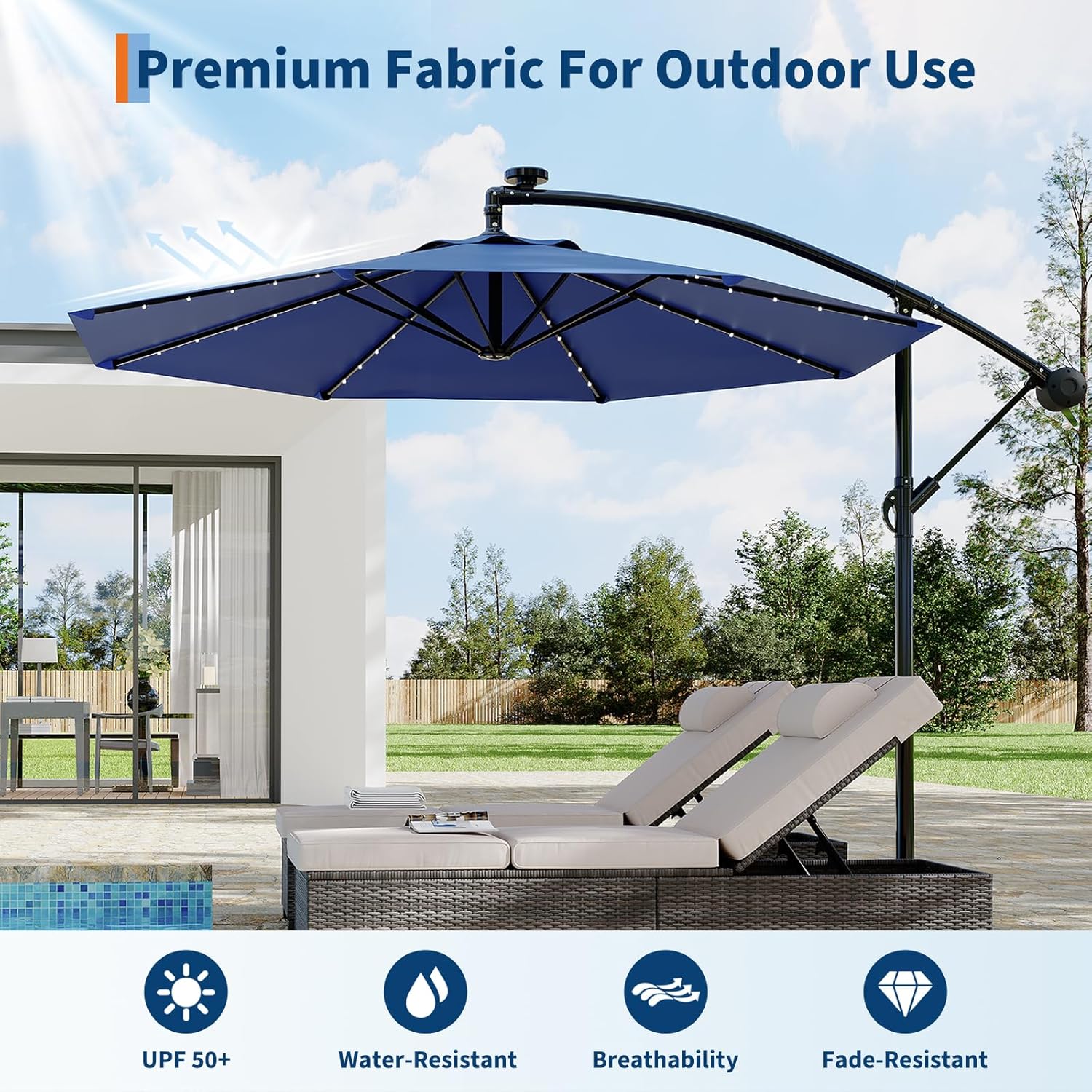 Garvee 10' Solar Lights Offset Patio Umbrella, Cantilever Umbrella with Easy Lift & Tilt Adjustment, 8 Ribs Sun Umbrella UV Protection, Navy Blue