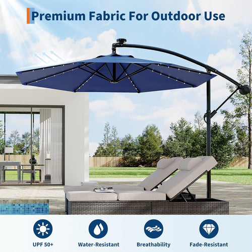 Garvee 10' Solar Lights Offset Patio Umbrella, Cantilever Umbrella with Easy Lift & Tilt Adjustment, 8 Ribs Sun Umbrella UV Protection, Navy Blue