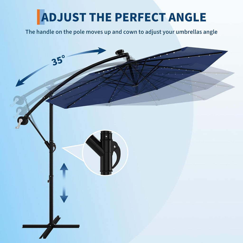 Garvee 10' Solar Lights Offset Patio Umbrella, Cantilever Umbrella with Easy Lift & Tilt Adjustment, 8 Ribs Sun Umbrella UV Protection, Navy Blue