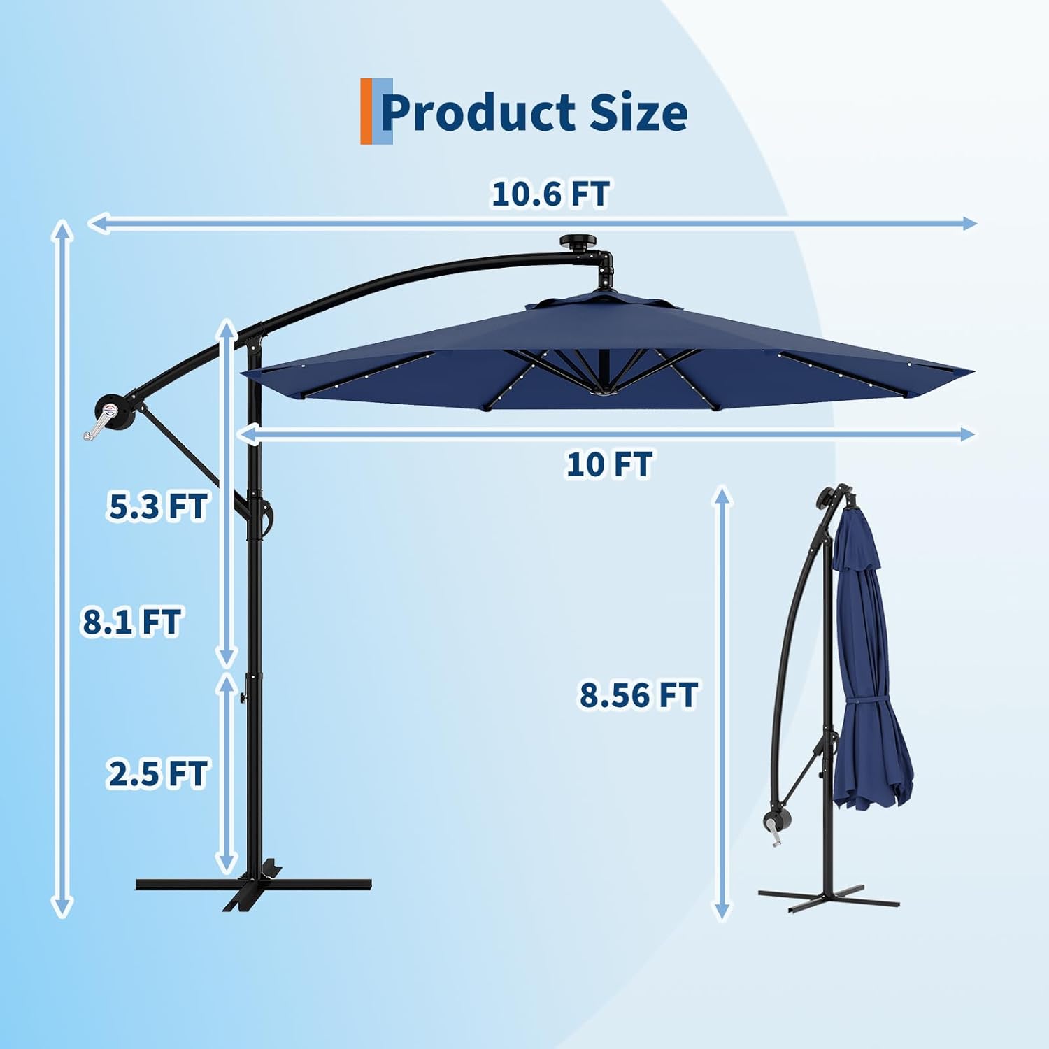 Garvee 10' Solar Lights Offset Patio Umbrella, Cantilever Umbrella with Easy Lift & Tilt Adjustment, 8 Ribs Sun Umbrella UV Protection, Navy Blue